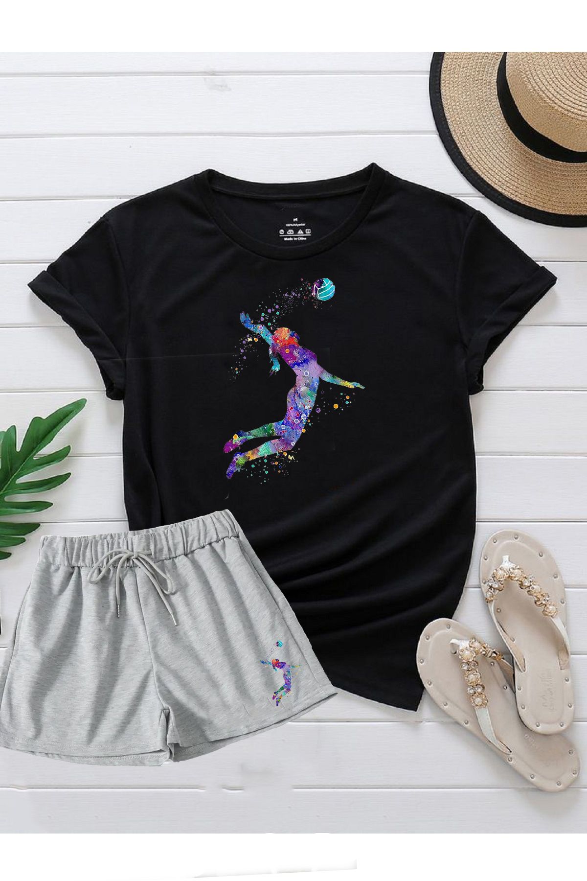 makiteks 2'li Set Düz Renk Kadın Regular Şort ve Tshirt Tişört Voleybol