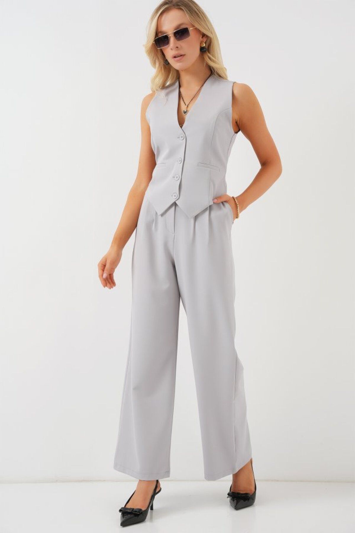 novafems 6709 Yelek Pantolon İkili Takım - Gri