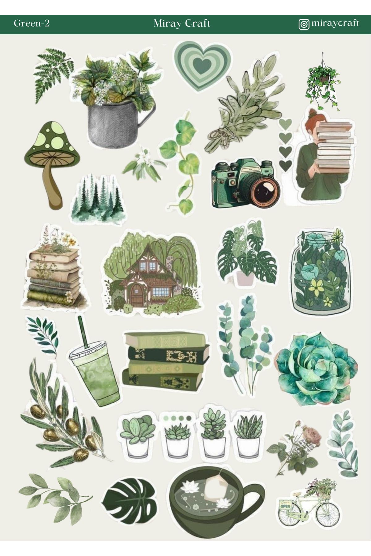 MirayDesign 1 Adet Yeşil Renk Temalı Sticker (12x17 cm) Bullet Journal, Scrapbook, Ajanda ve Planlayıcı İçin