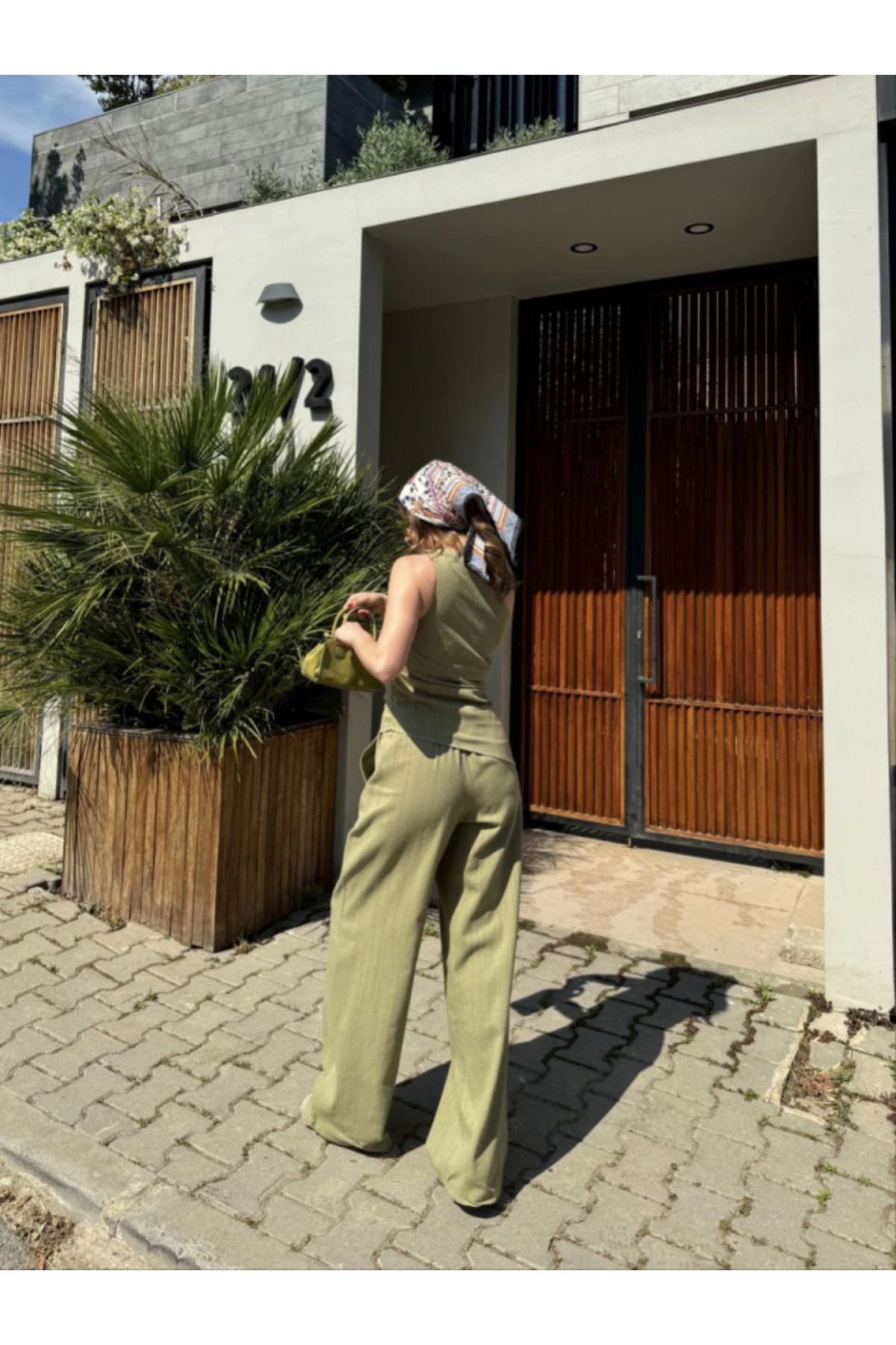 Albayrak Keten Asimetrik Tek Omuzlu Bluz Pantalon Takım- Su Yeşili