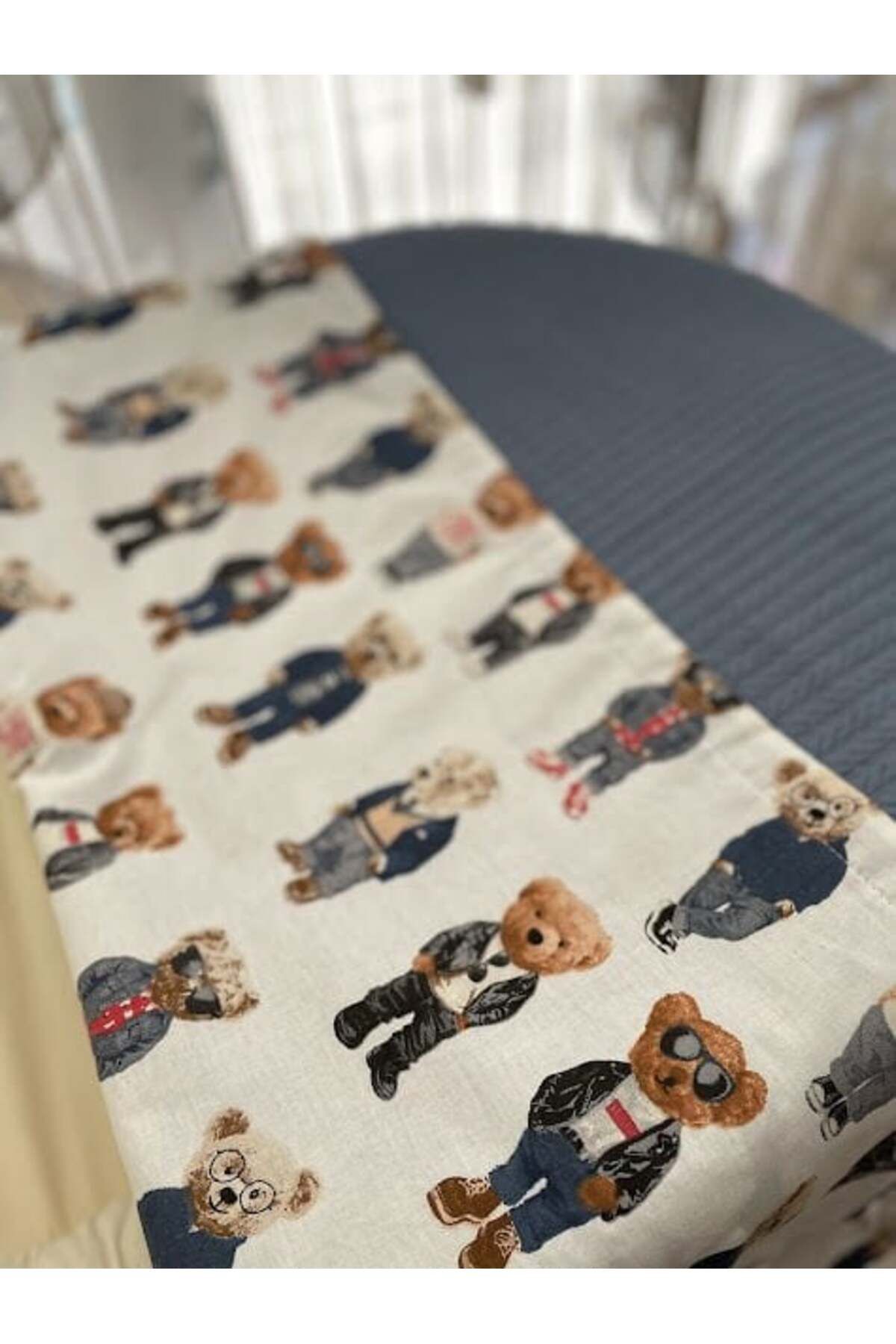 Derin Boutique Shop Denim Mavi Örgü Gözlüklü Ayılar Poplin Pike