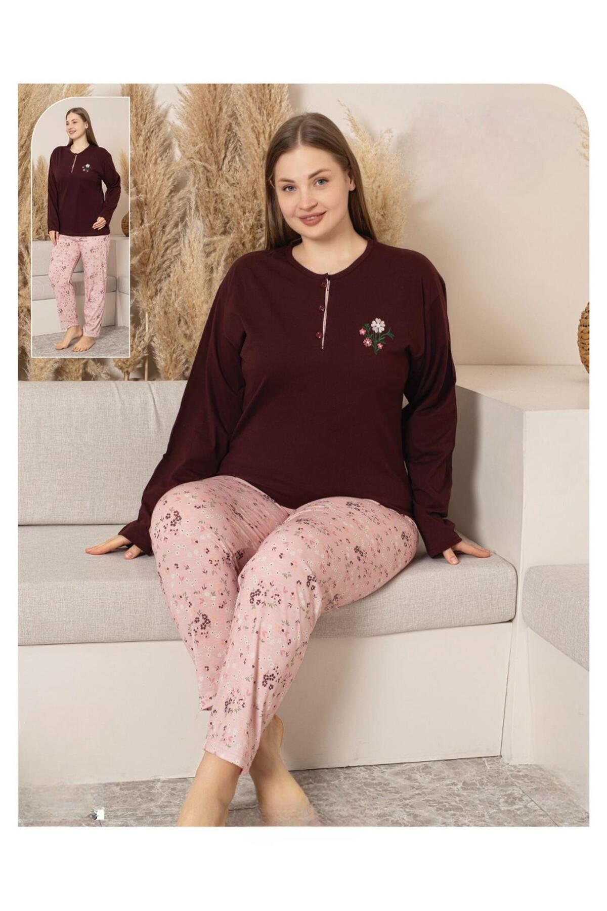 Sude Kadın Büyük Beden Düğme Yaka Penye Uzun Kol İnce Pijama Takımı A600-492 - 1 Adet
