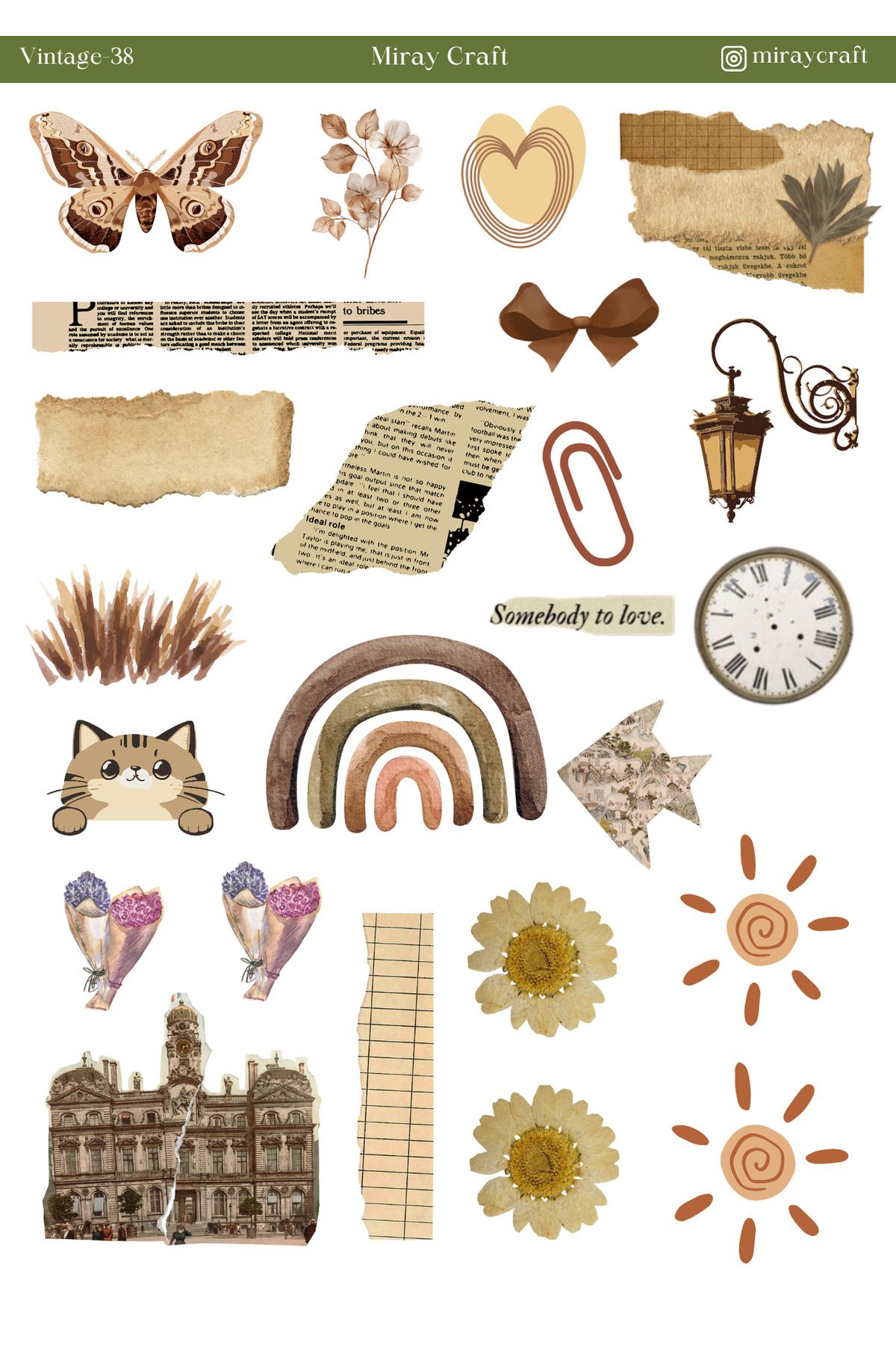 MirayDesign 1 Adet Vintage Temalı Sticker (12x17 cm) Bullet Journal, Scrapbook, Ajanda ve Planlayıcı İçin