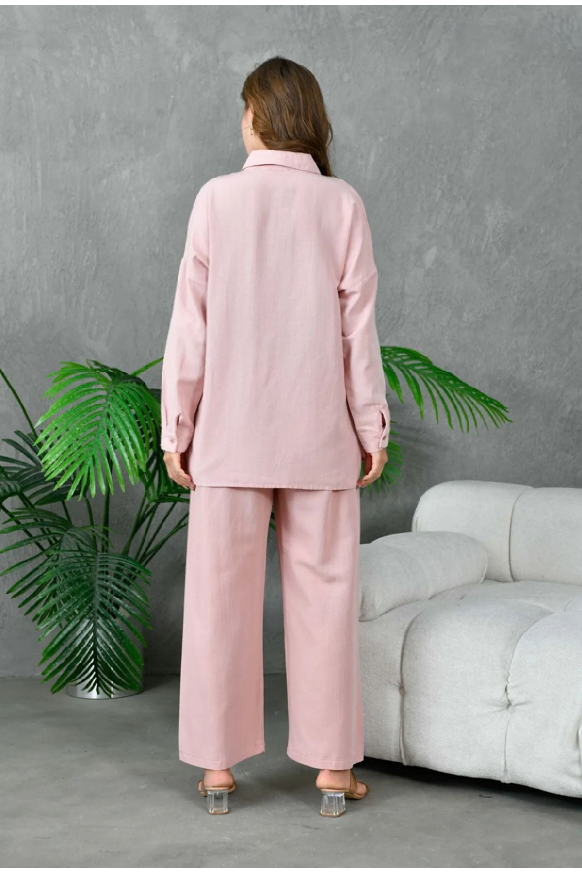 Elçelya Moda Kadın Nakış İşlemeli Keten Oversize Düğmeli Gömlek
