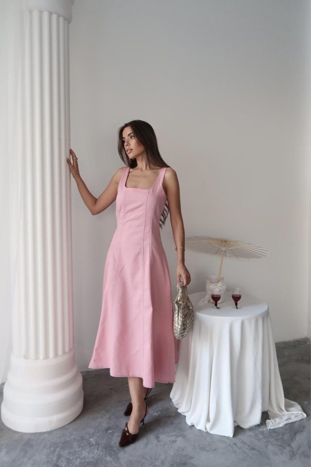 novafems Pembe Çift Dikişli Gabardin Elbise