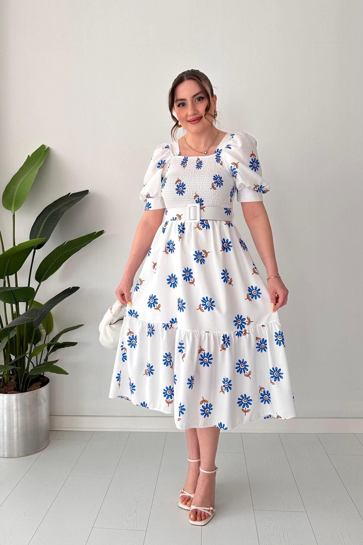MaziButik Astarlı Flower Elbise Mavi