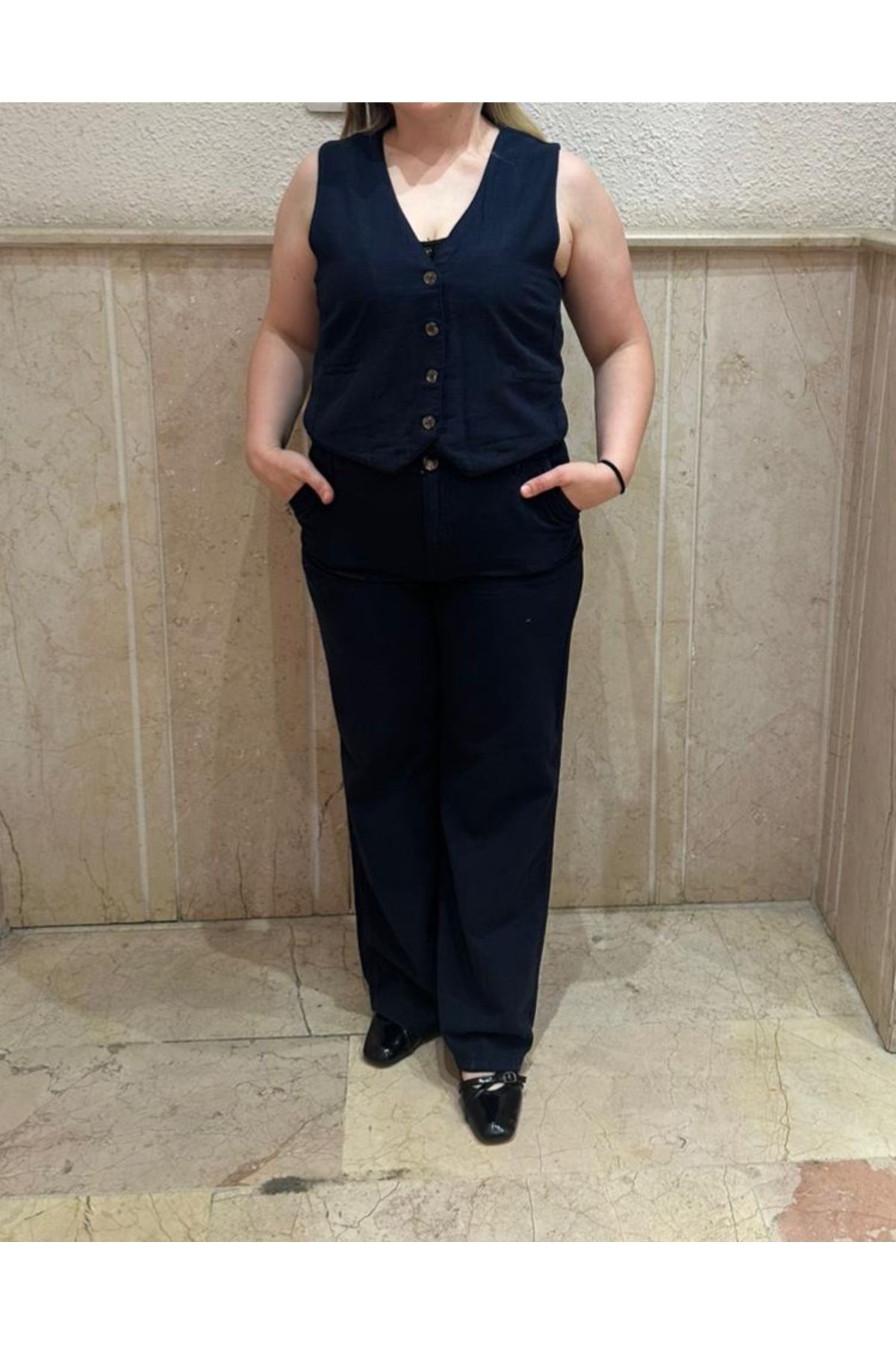NOXS FASHİON Keten yelek pantolon takım
