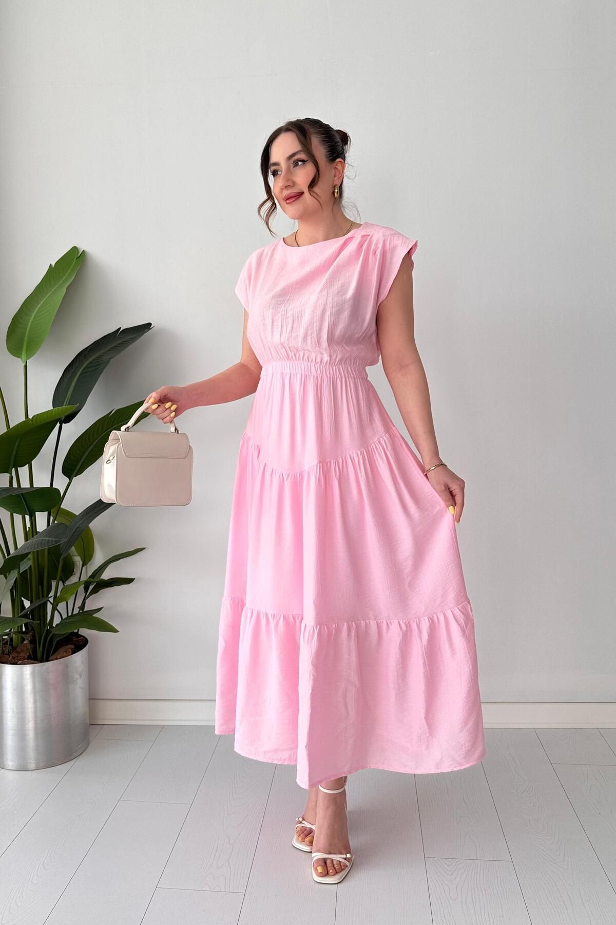 MaziButik Astarlı Bel Lastik Elbise Pembe