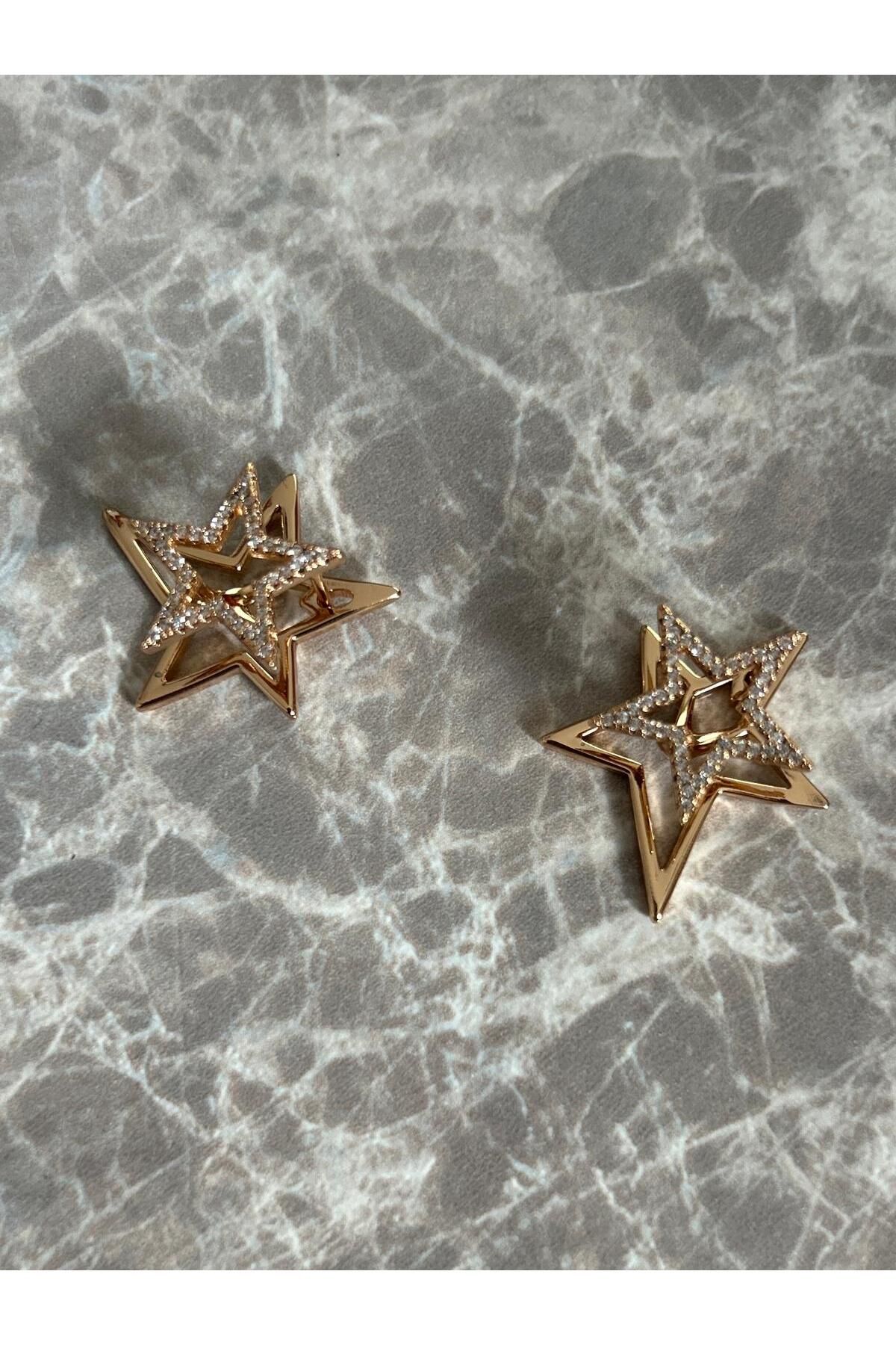 soleah Zirkon Taşlı Rose Gold İkili Yıldız Çelik Küpe