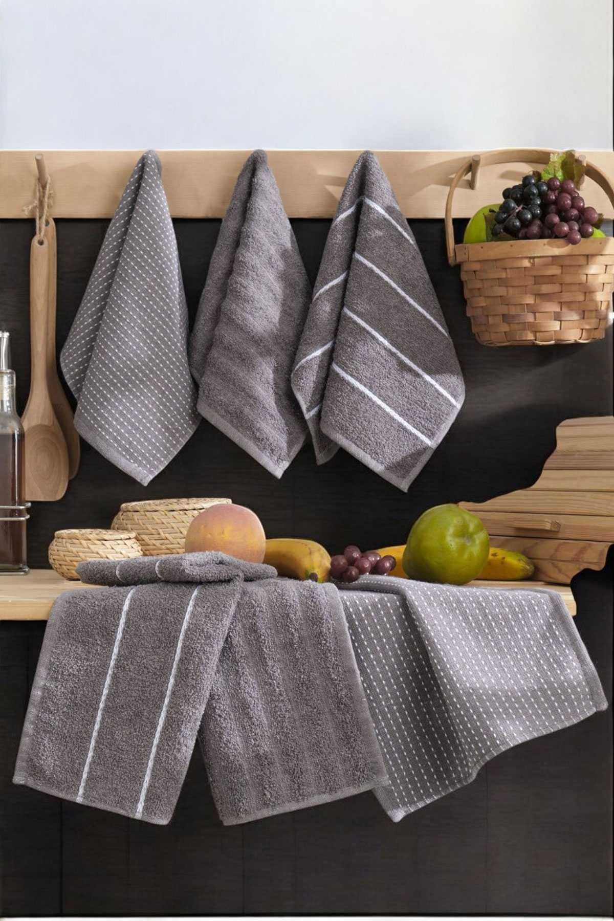 merland benvecocuk 6 lı Luna Naturel Mutfak Havlu Seti %100 Pamuklu 30X50 Cm Antrasit