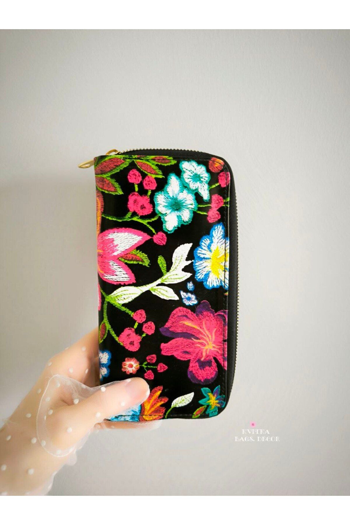 BagsDecor Abiye siyah suni Deri çiçekli clutch portföy cüzdan el çantası