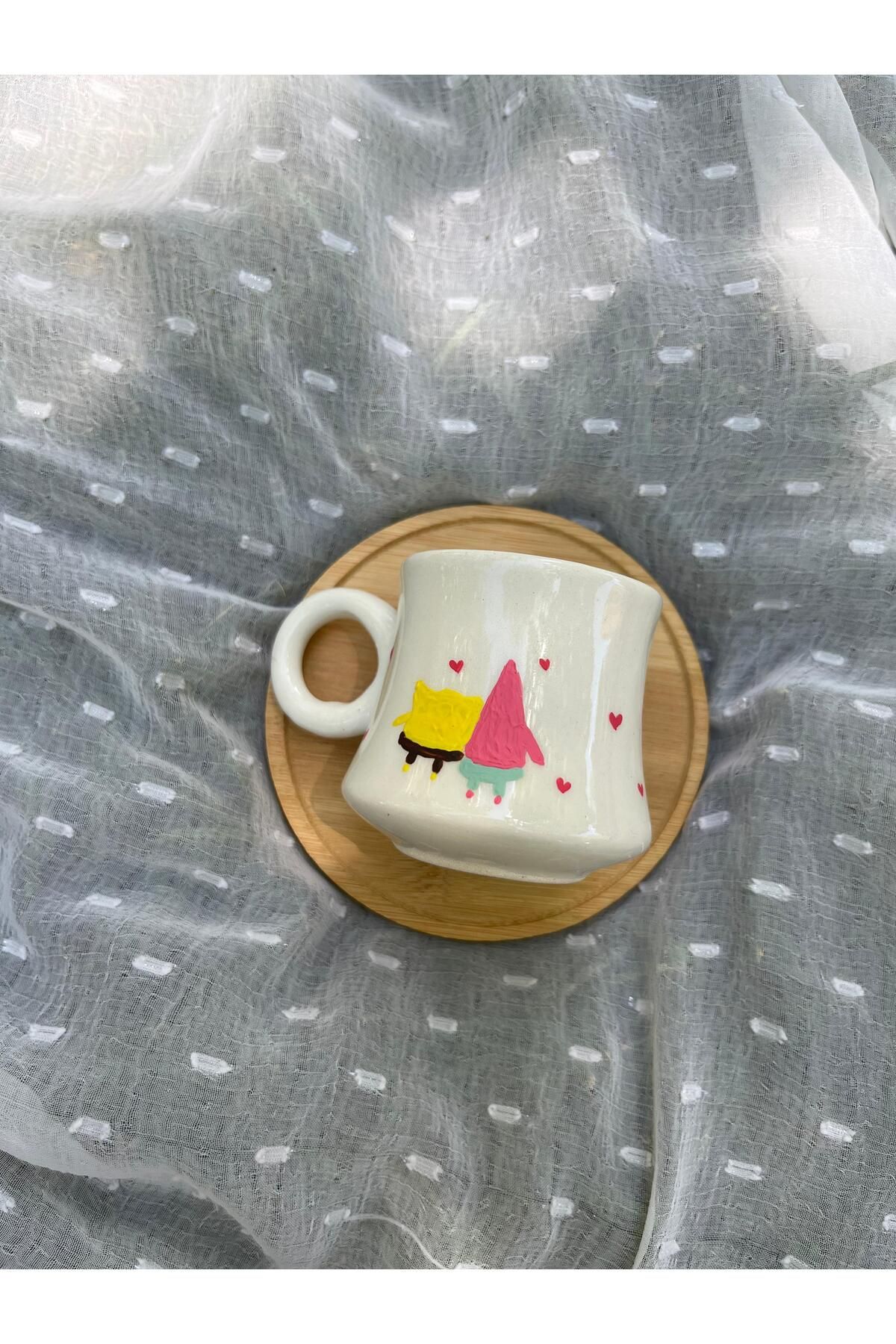 Flossy Design El yapımı tekli kahve fincanı. Sünger Bob. Papatya mum hediyeli.