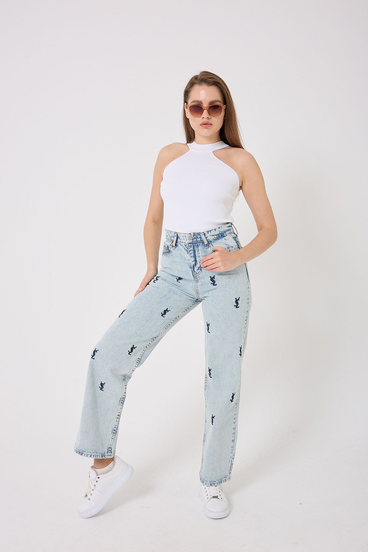 ADENLİNA Y S L Nakışlı Denim Palazzo Pantolon - Pamuk Kot