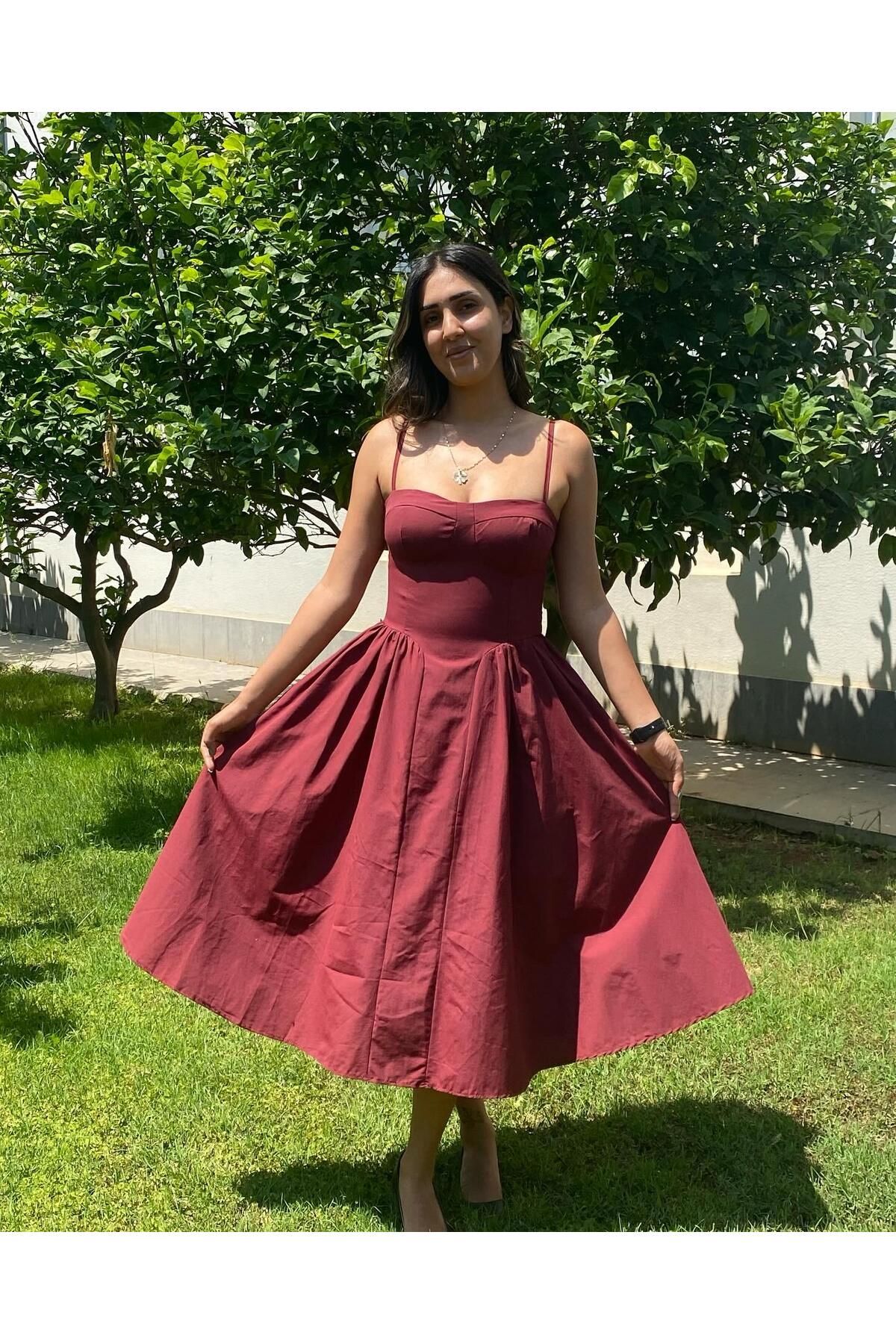 Girls House Kadın Bordo İp Askılı Korse Detaylı Midi Boy Elbise
