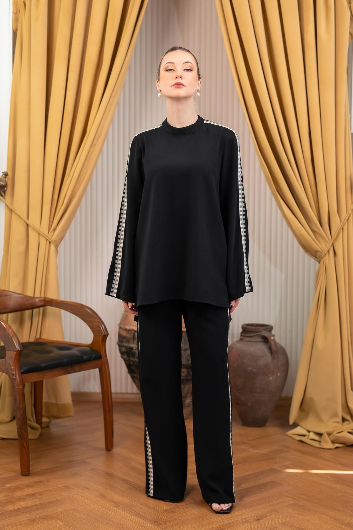 YAFA CLOTHING & ACCESSORIES Şeritli Bluz Pantolon İkili Takım Siyah