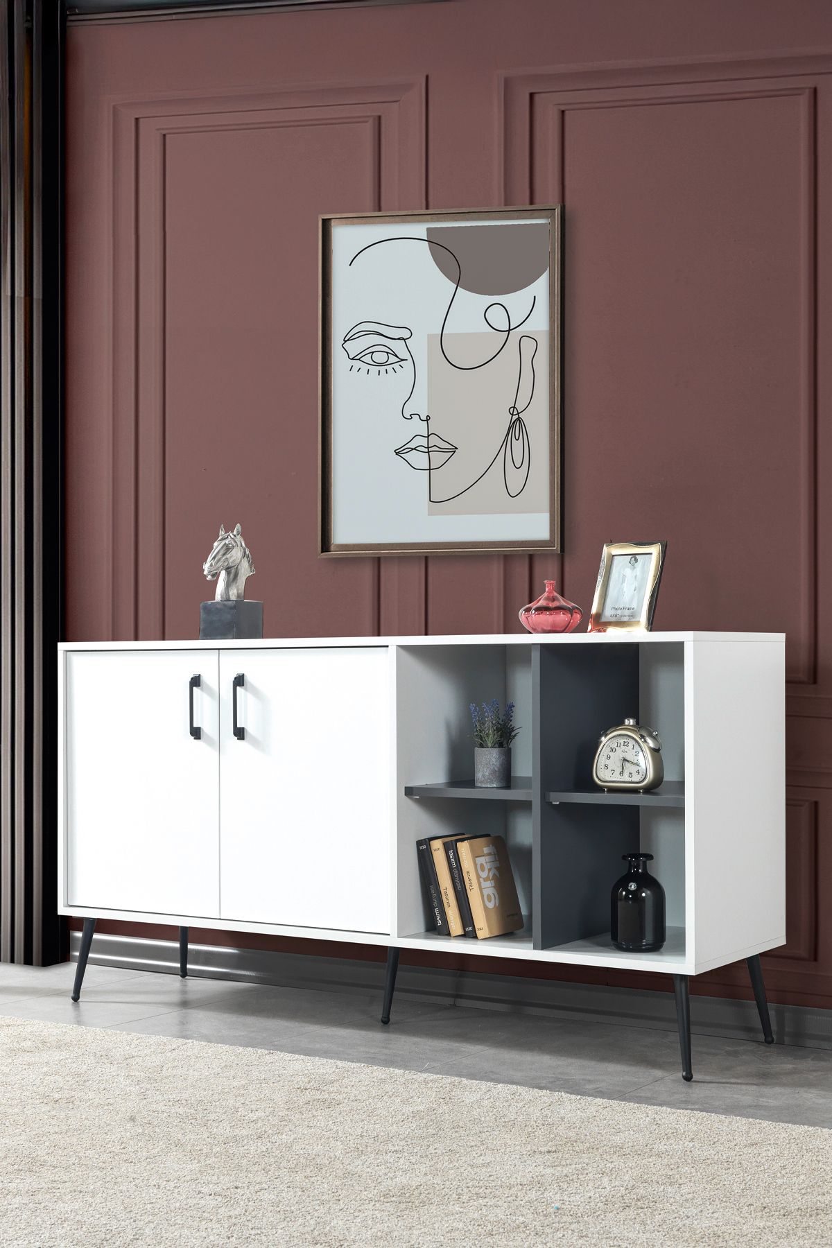 Evmo Home 4612 Şile Metal Ayaklı Metal Kulplu Konsol - Yemek Odası - Salon Odası Beyaz