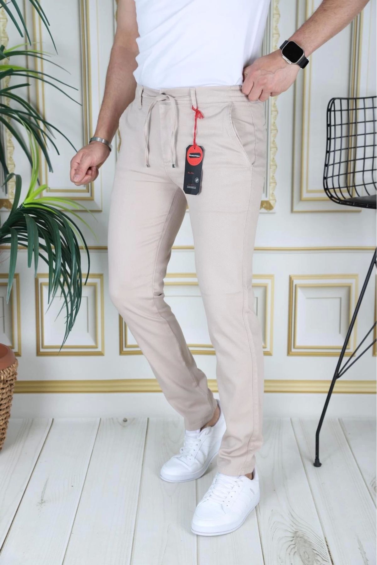 PHANTOM JEANS Erkek Krem Slim Fit Esnek Likralı Armürlü Keten Pantolon Bağcıklı Kemerli Beli Lastikli Şık Pantolon