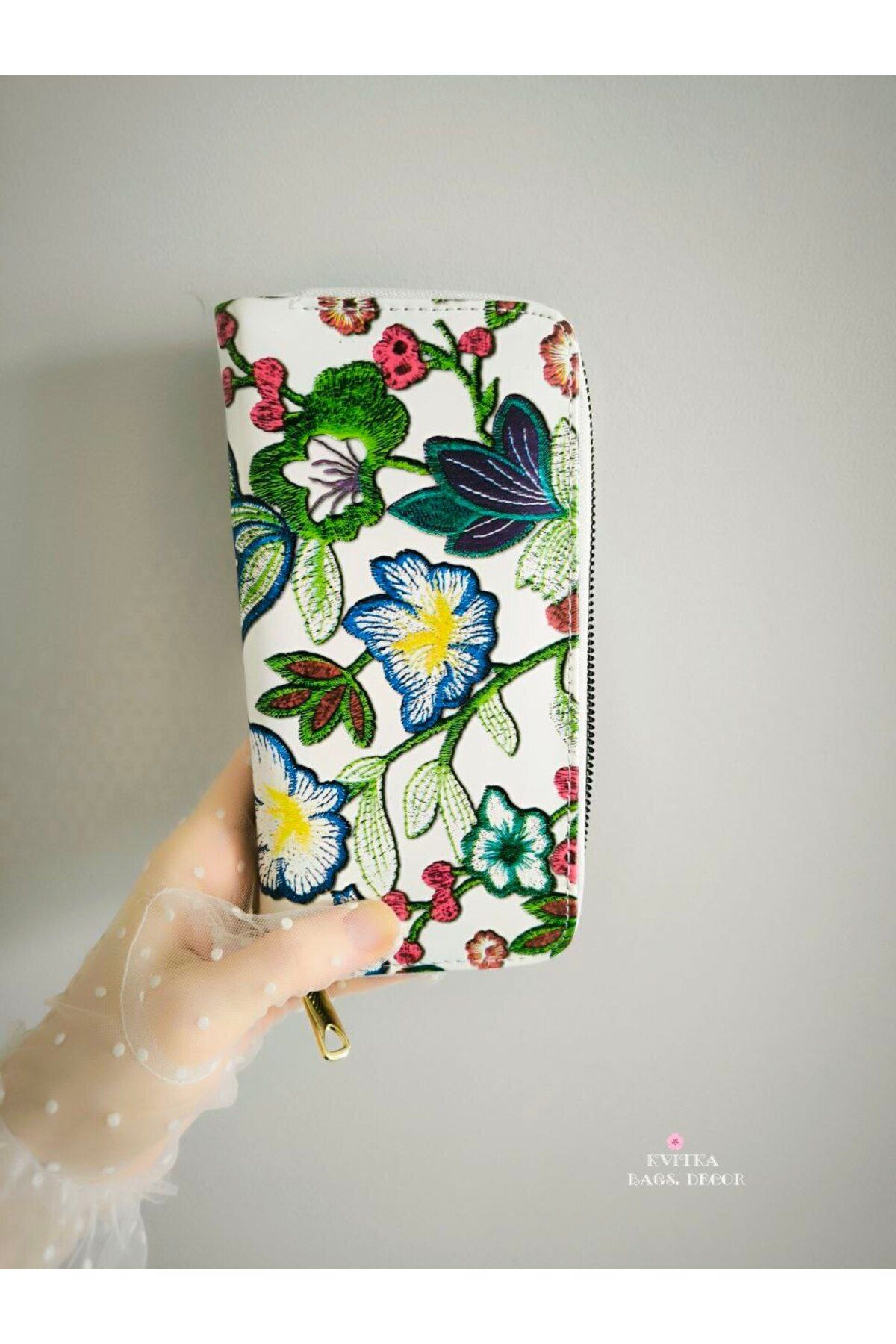 BagsDecor Abiye beyaz suni Deri çiçekli clutch portföy cüzdan el çantası