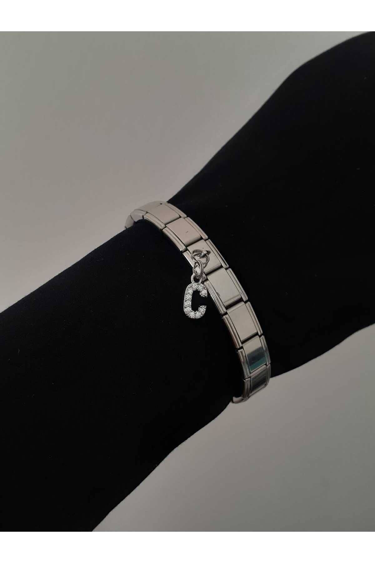 bijoux uniques Çelik C Harfli Zirkon Taşlı İtalyan Charm Bileklik