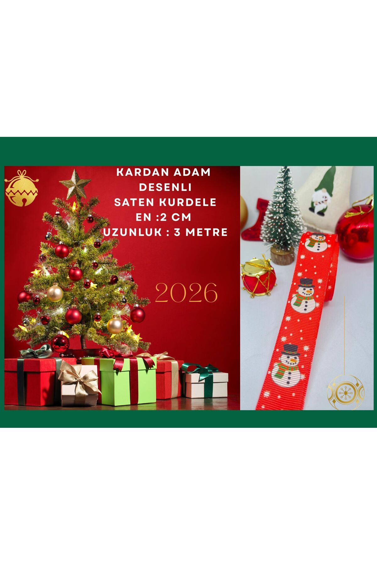 BERG ATELIER Yılbaşı Kurdelesi 2CM X3 M Kardan Adam Desenli Yılbaşı Paketleri