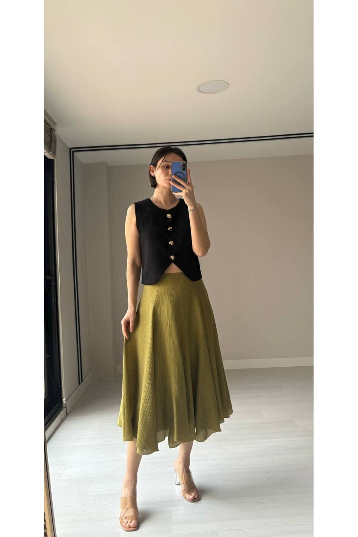 Nisan Triko Valonlu Midi Boy Astarlı Etek