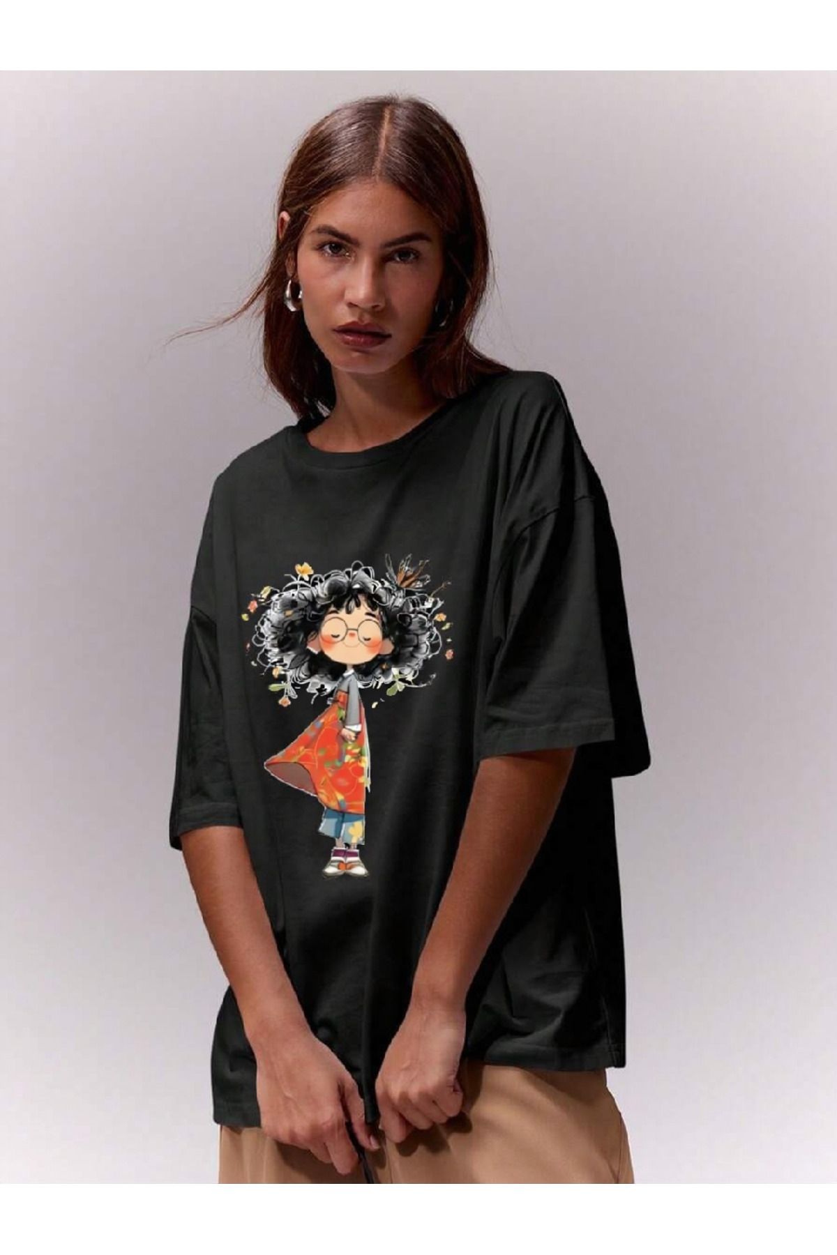 ELNOYA Unisex Pamuklu Siyah Oversize "Küçük Kız" Baskılı Rahat Günlük T-shirt