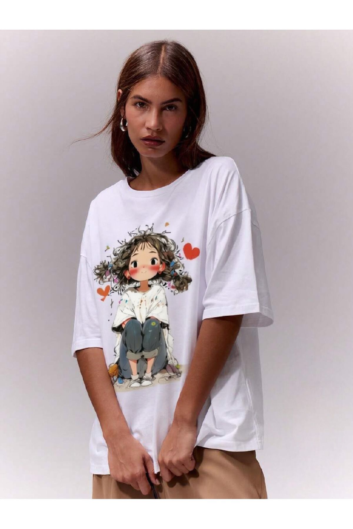 ELNOYA Unisex Pamuklu Beyaz Oversize "Sevimli Kız" Baskılı Rahat Günlük T-shirt