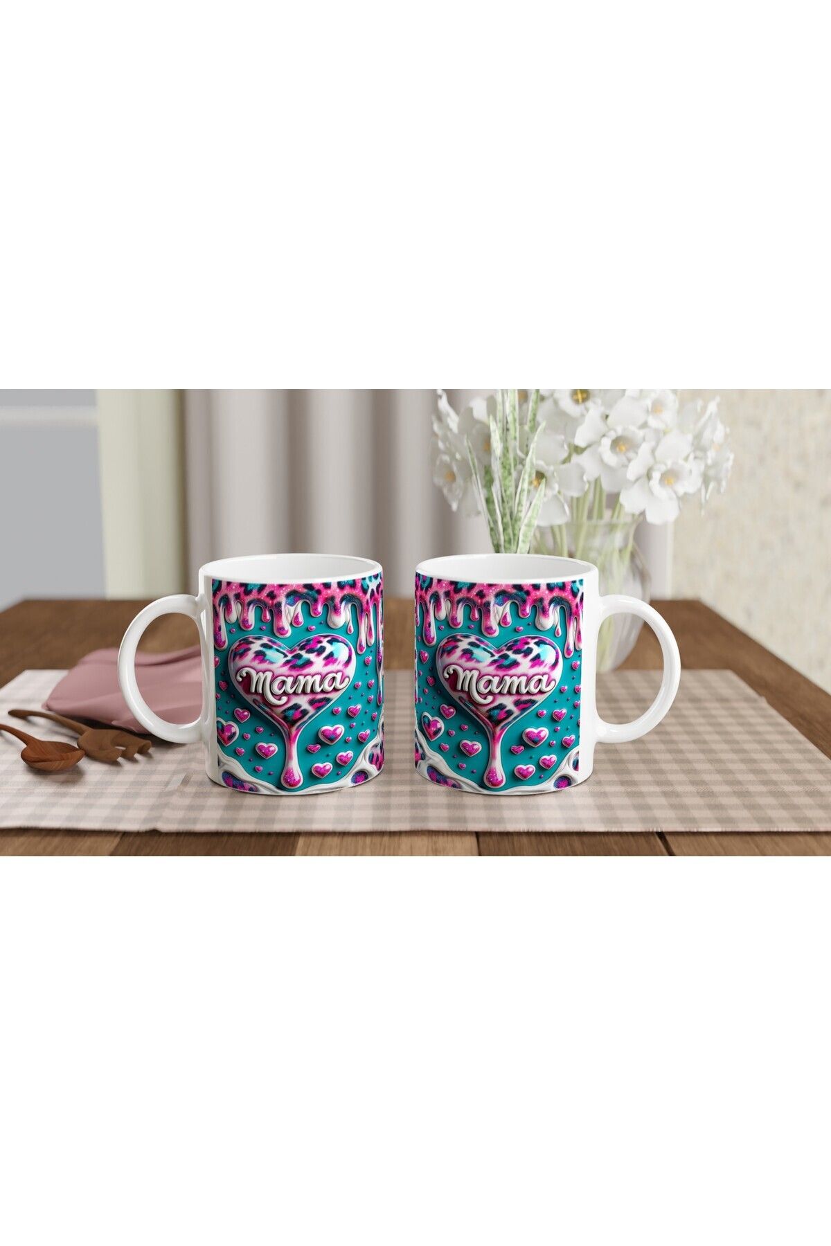 MESCHAIN-Leopard Patterned Mother's Day Mug with Mama Written on Turquoise Background 5