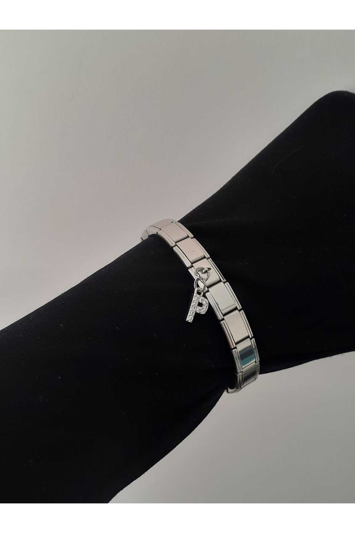 bijoux uniques Çelik P Harfli Zirkon Taşlı İtalyan Charm Bileklik