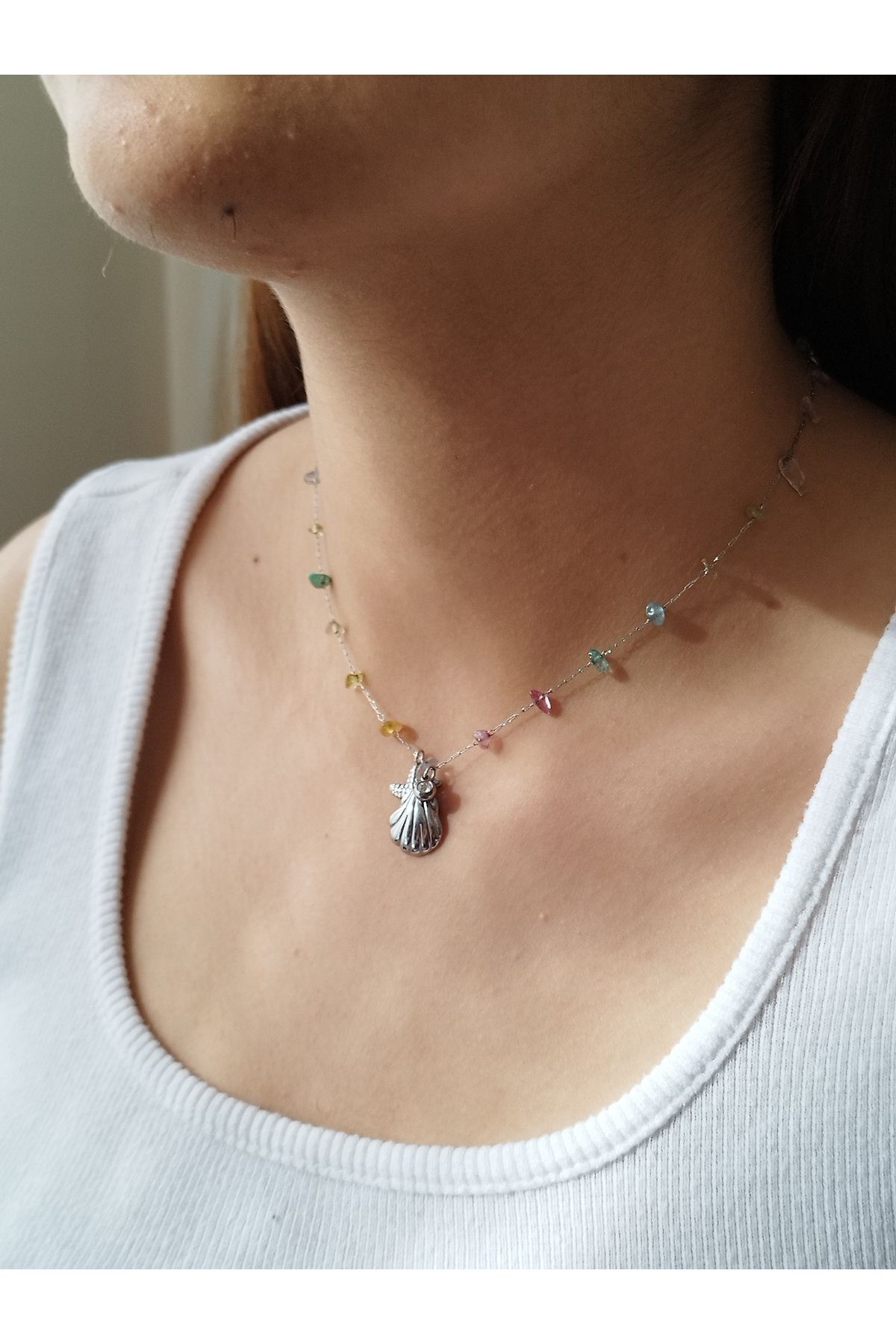 LADYBİRDAKSESUAR Kristal Taşlı Deniz Kabuğu midye Model Çelik kolye