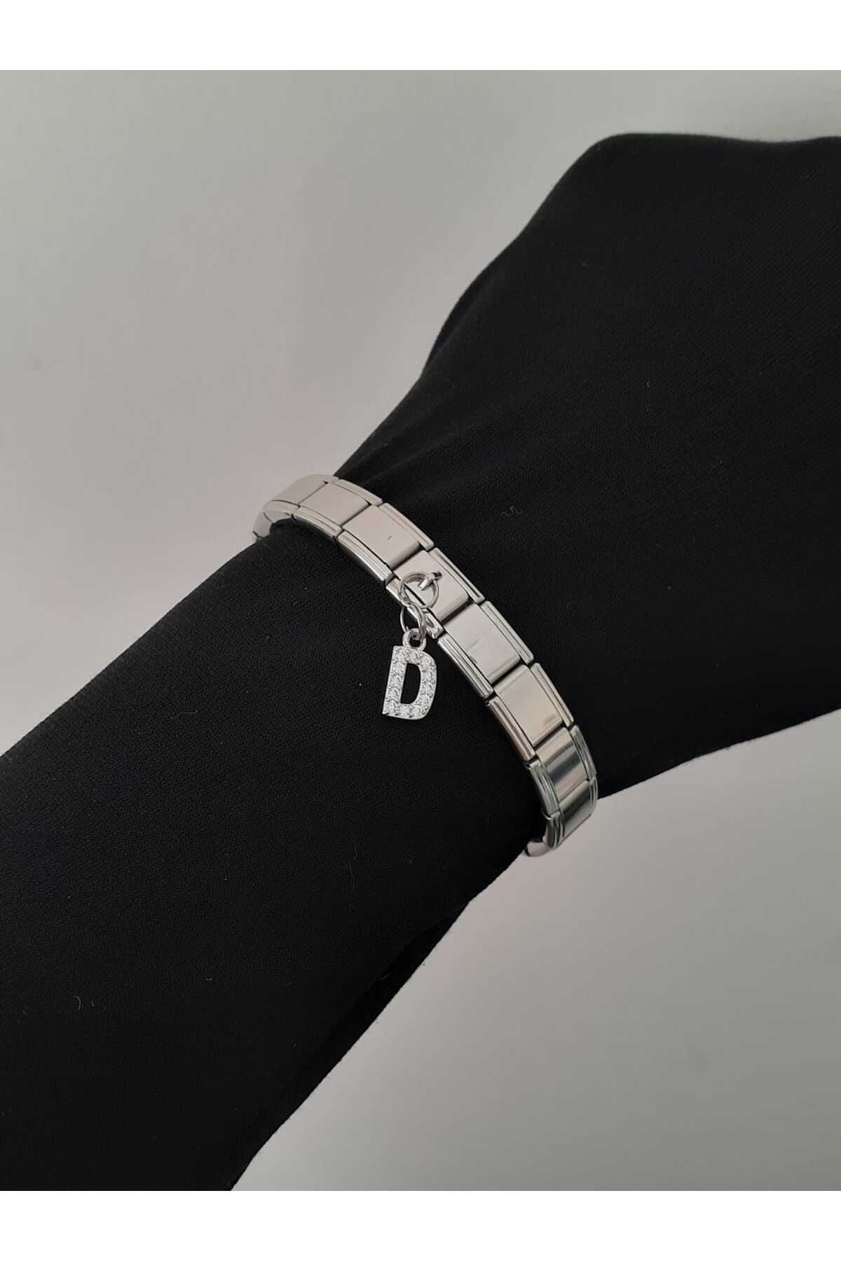 bijoux uniques Çelik D Harfli Zirkon Taşlı İtalyan Charm Bileklik