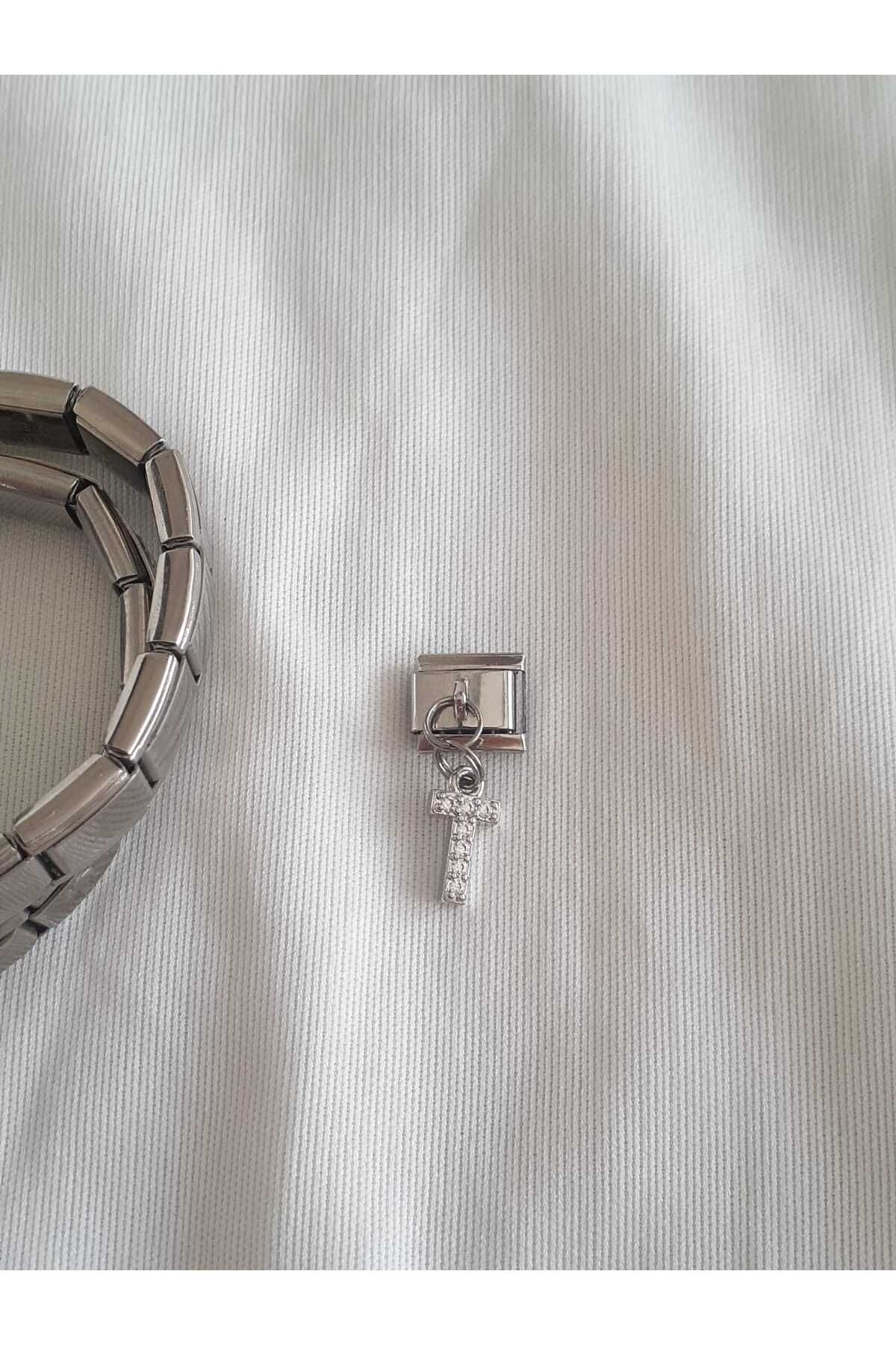 bijoux uniques Çelik T Harfli Zirkon Taşlı İtalyan Charm