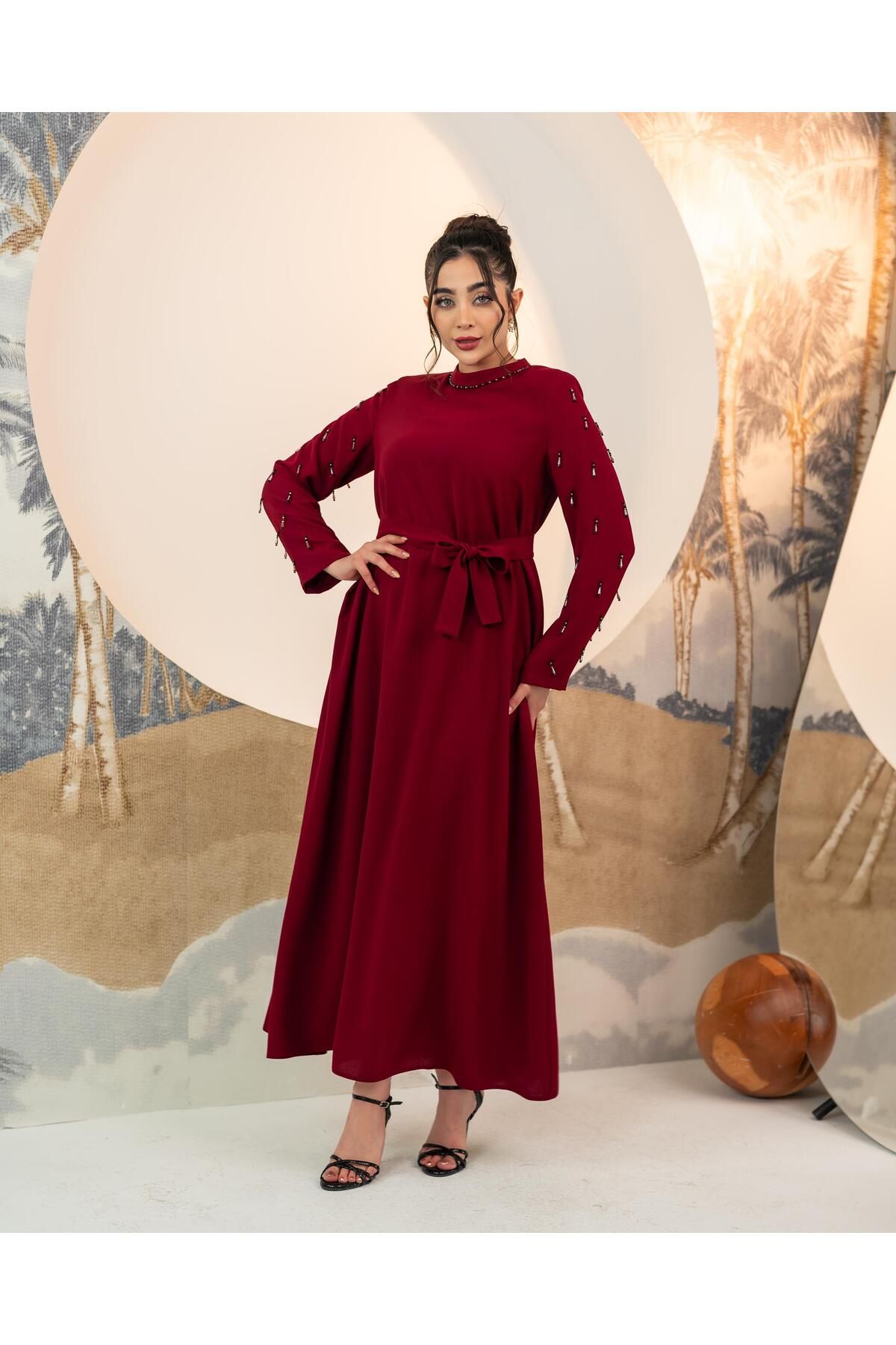 YAFA CLOTHING & ACCESSORIES El İşlemeli Elbise Bordo
