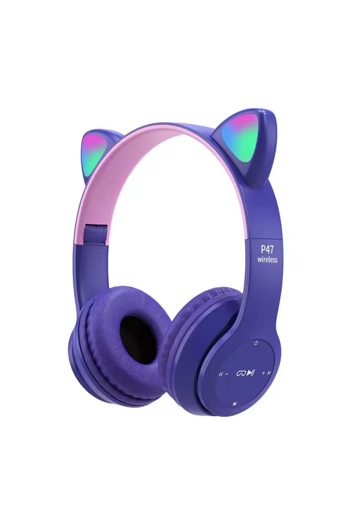 DÜNYA AKSESUAR Kafa üstü P47M kablosuz kulaklık sevimli kedi ile LED Stereo telefon Bluetooth kulaklık