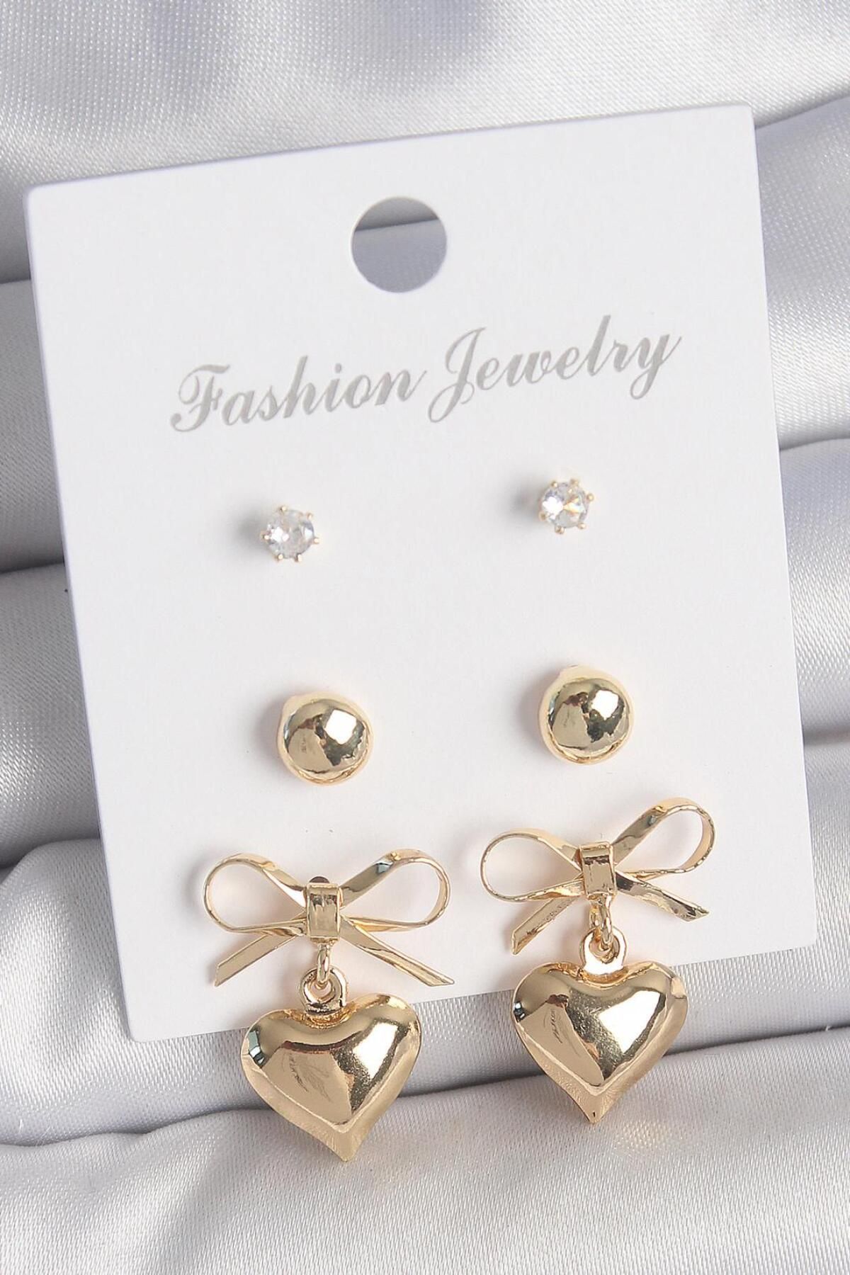 Zendoria Accessory Zirkon Taşlı Kalp Model 3’lü Küpe Seti – Gold & Gümüş Renk Seçenekli