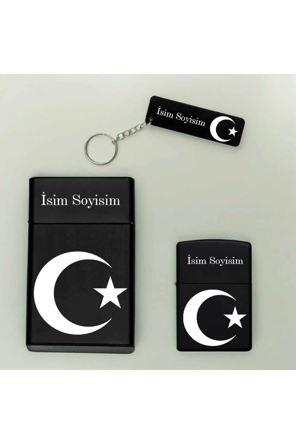 Melek Pazarı Ay Yıldız Desenli Kişiye Özel İsimli Metal Tabaka, Benzinli Çakmak Ve Anahtarlık Seti MP01