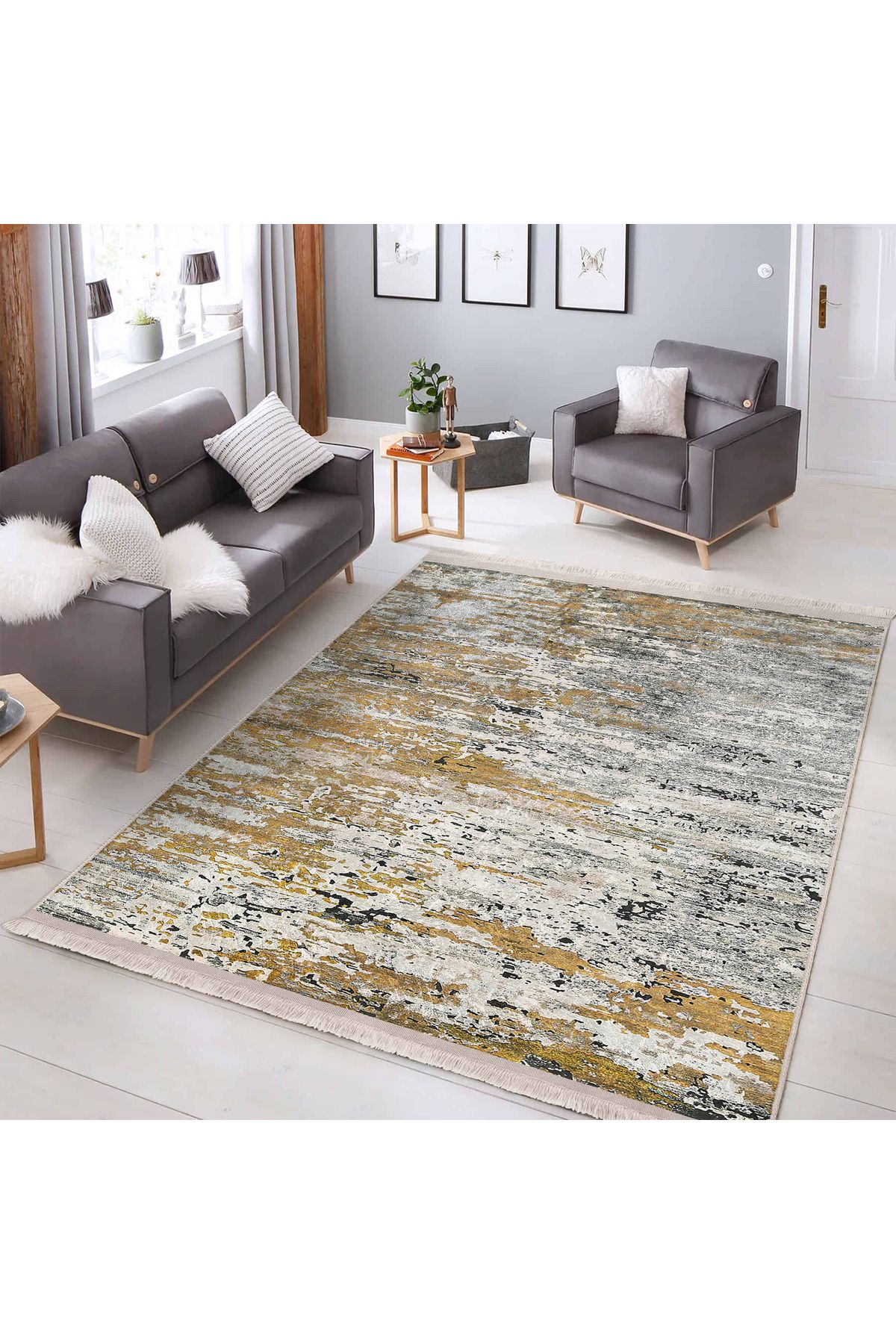 Realhomes Beyaz ve Altın Tonlarında Soyut Desenli Yıkanabilir Kaymaz Tabanlı Dikdörtgen Halı