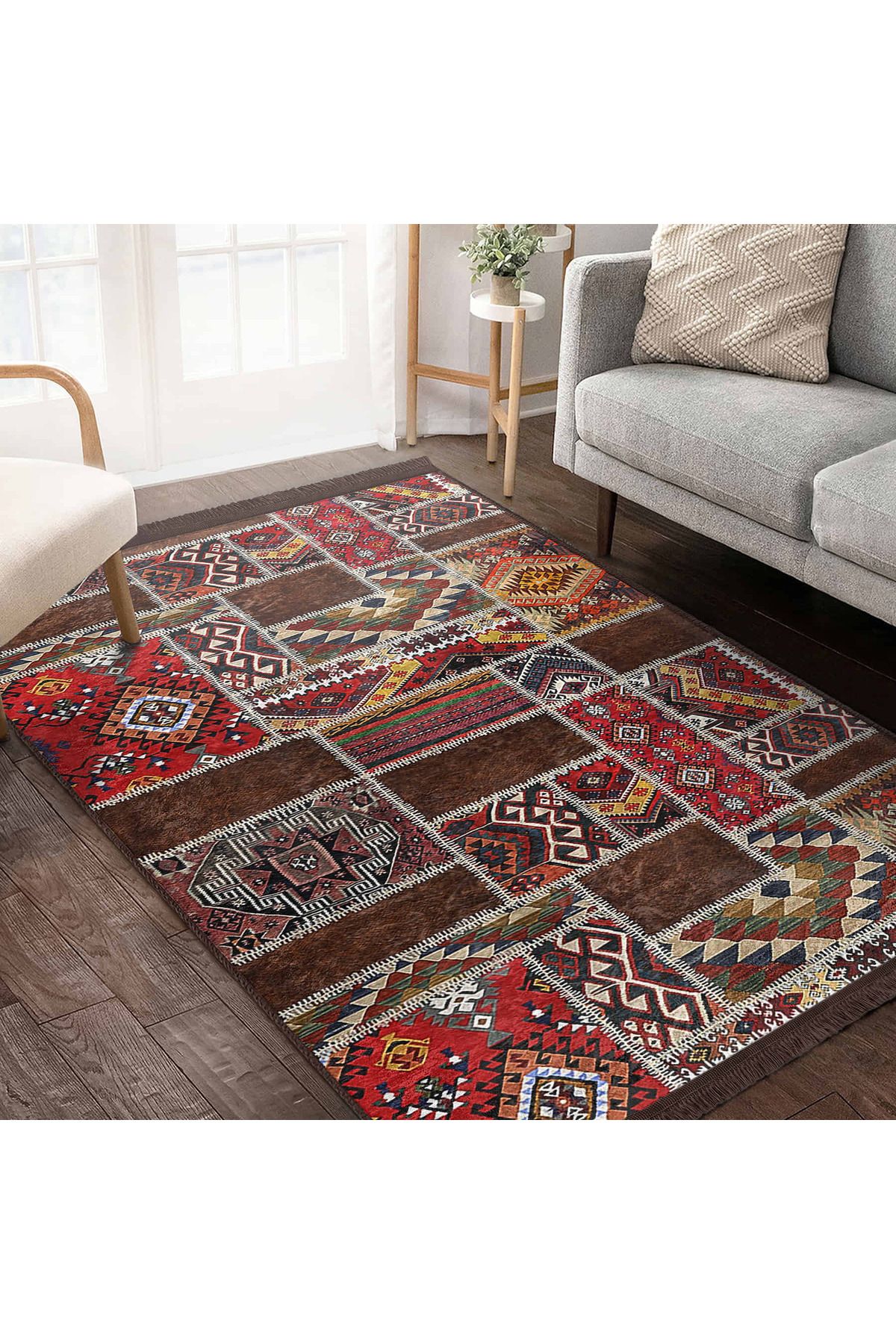 Realhomes Renkli Patchwork Desenli Kaymaz Tabanlı Dokuma Görünümlü Yıkanabilir Halı