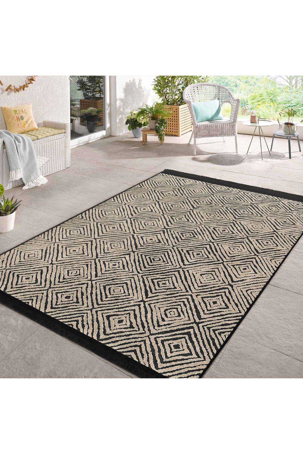 Realhomes Şık Geometrik Desenli Renkli Salon Halısı - Makinede Yıkanabilir Kaymaz Tabanlı Halı