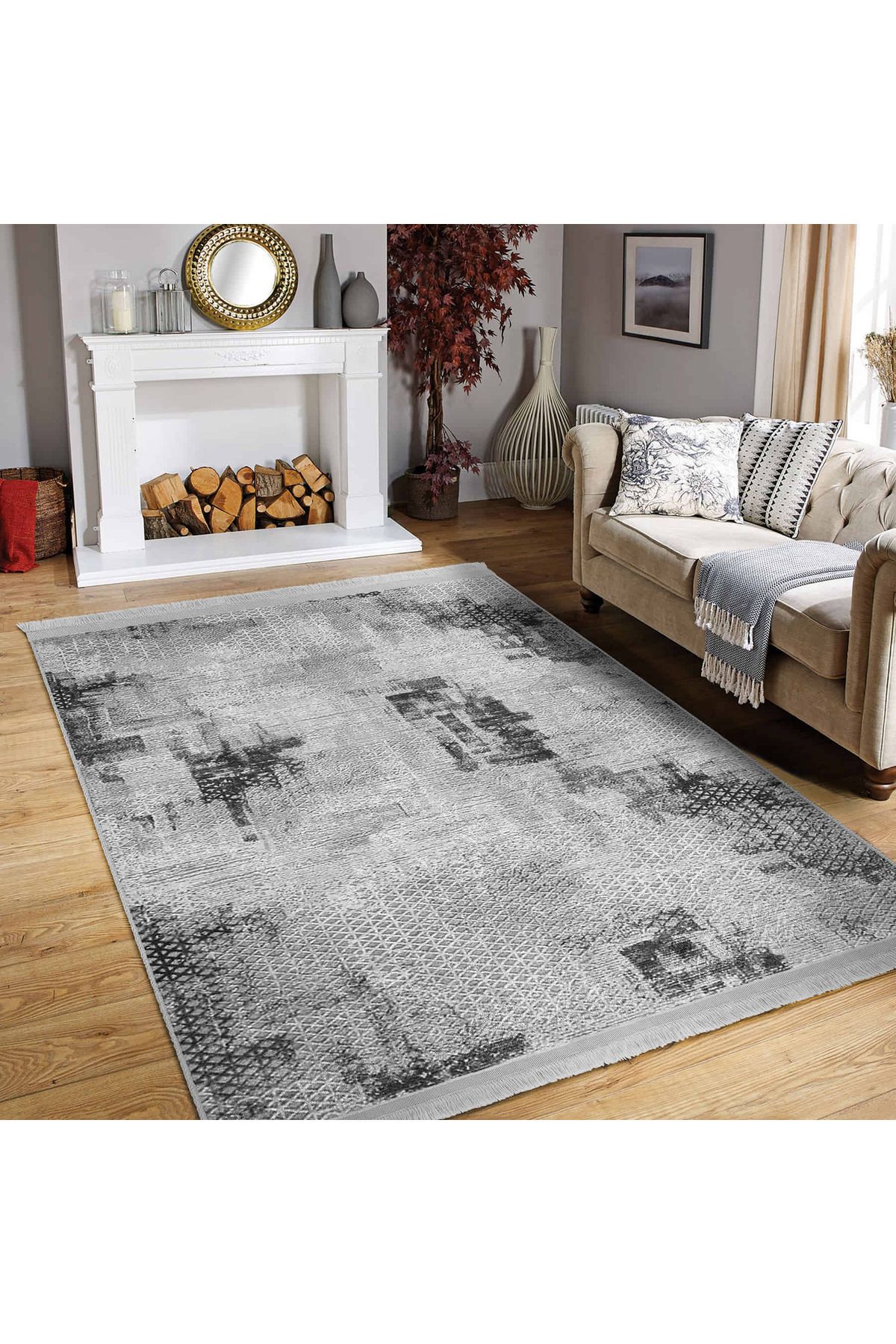 Realhomes Gri-Beyaz Zeminde Modern Geometrik Desenli Yıkanabilir Kaymaz Taban Halı