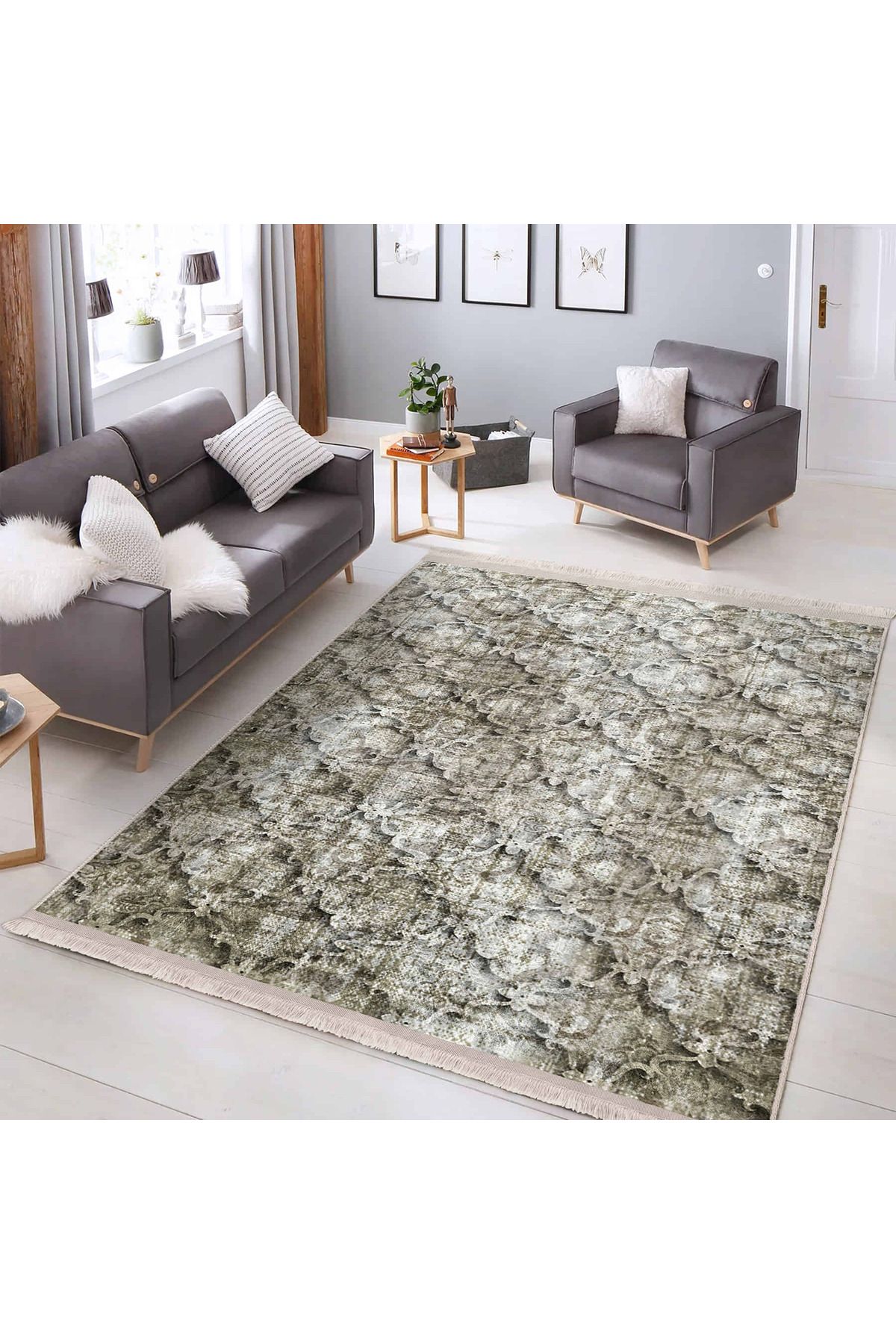 Realhomes Şık Desenli Yıkanabilir Kaymaz Taban Salon Halısı Modern Antik Desenler Ev Dekorasyonu