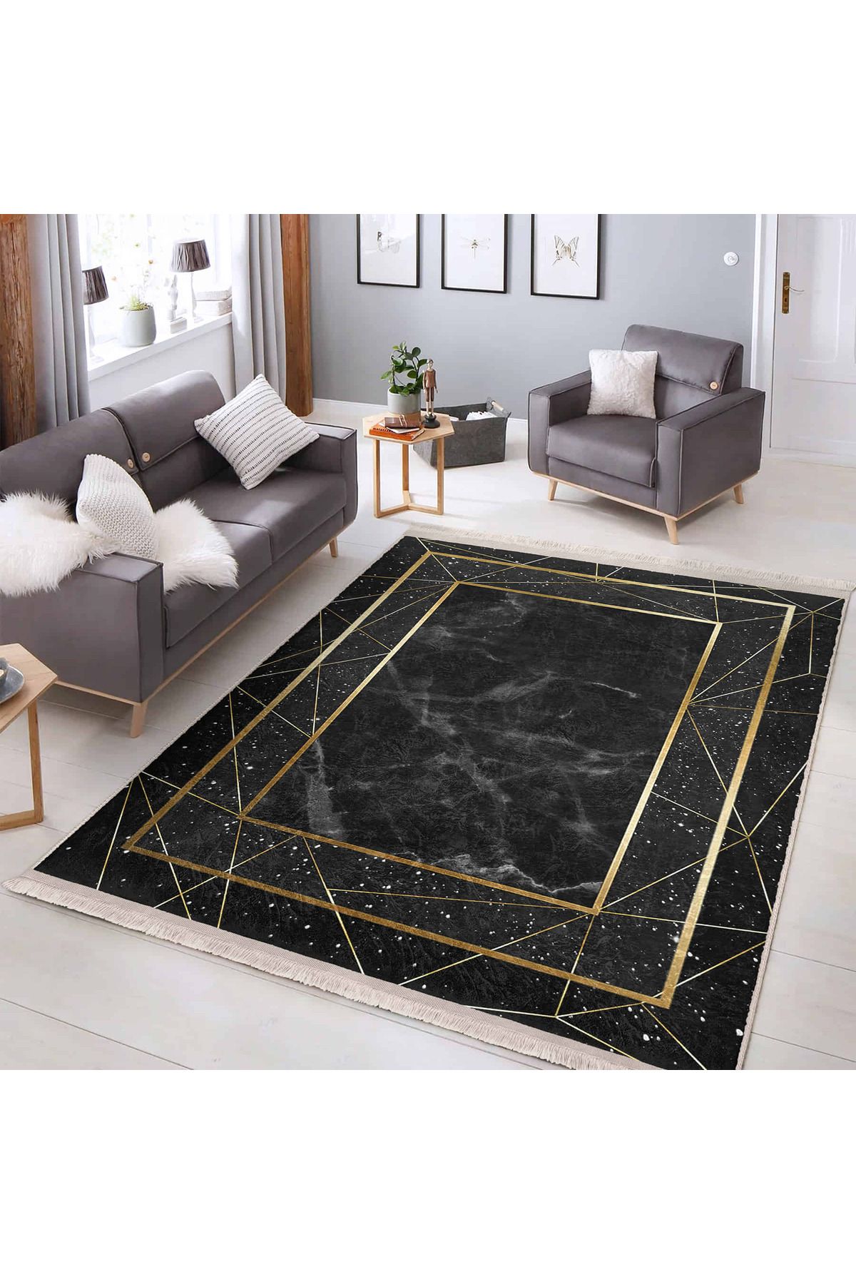 Realhomes Siyah Mermer Desenli Modern Geometrik Dijital Baskılı Kaymaz Tabanlı Yıkanabilir Halı