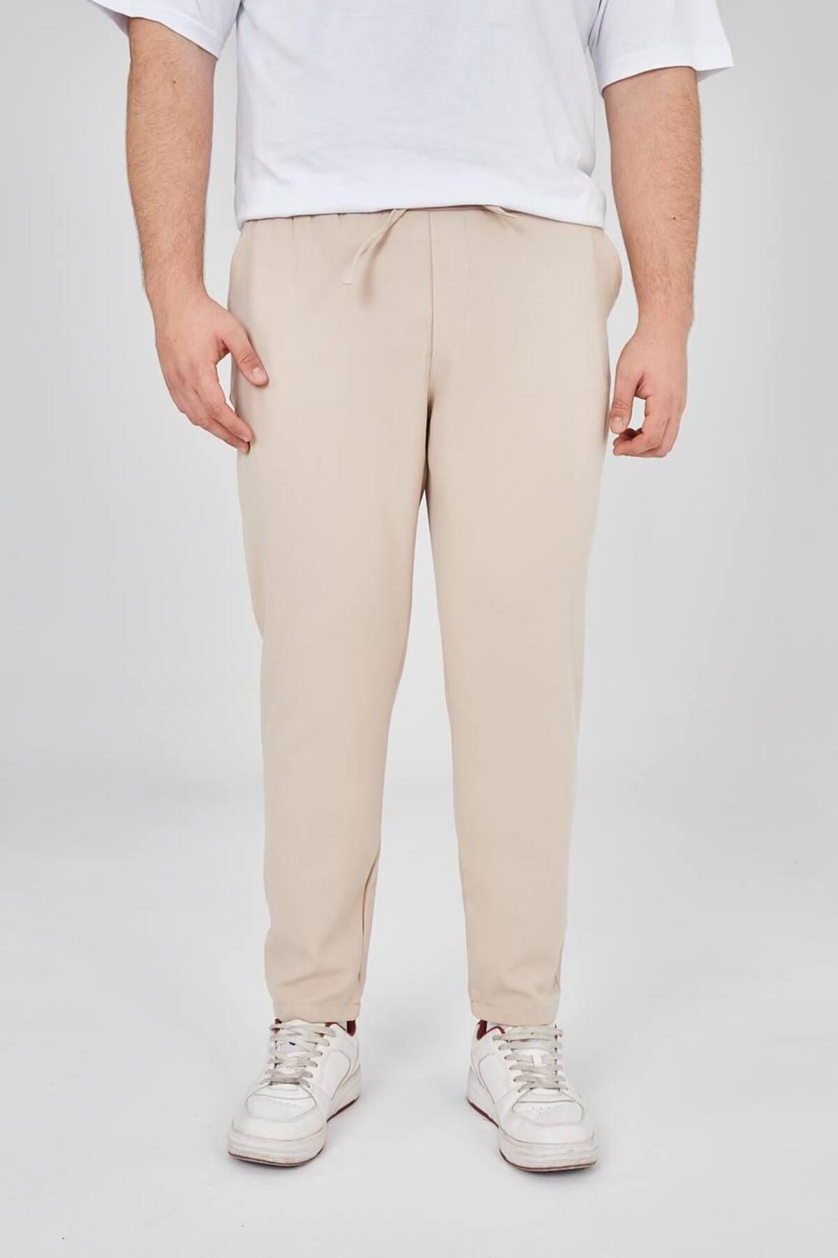 MODA JUMBO BEJ DOKUMA ARKA CEPLİ KEMERİ LASTİKLİ DÜZ PAÇA PANTOLON