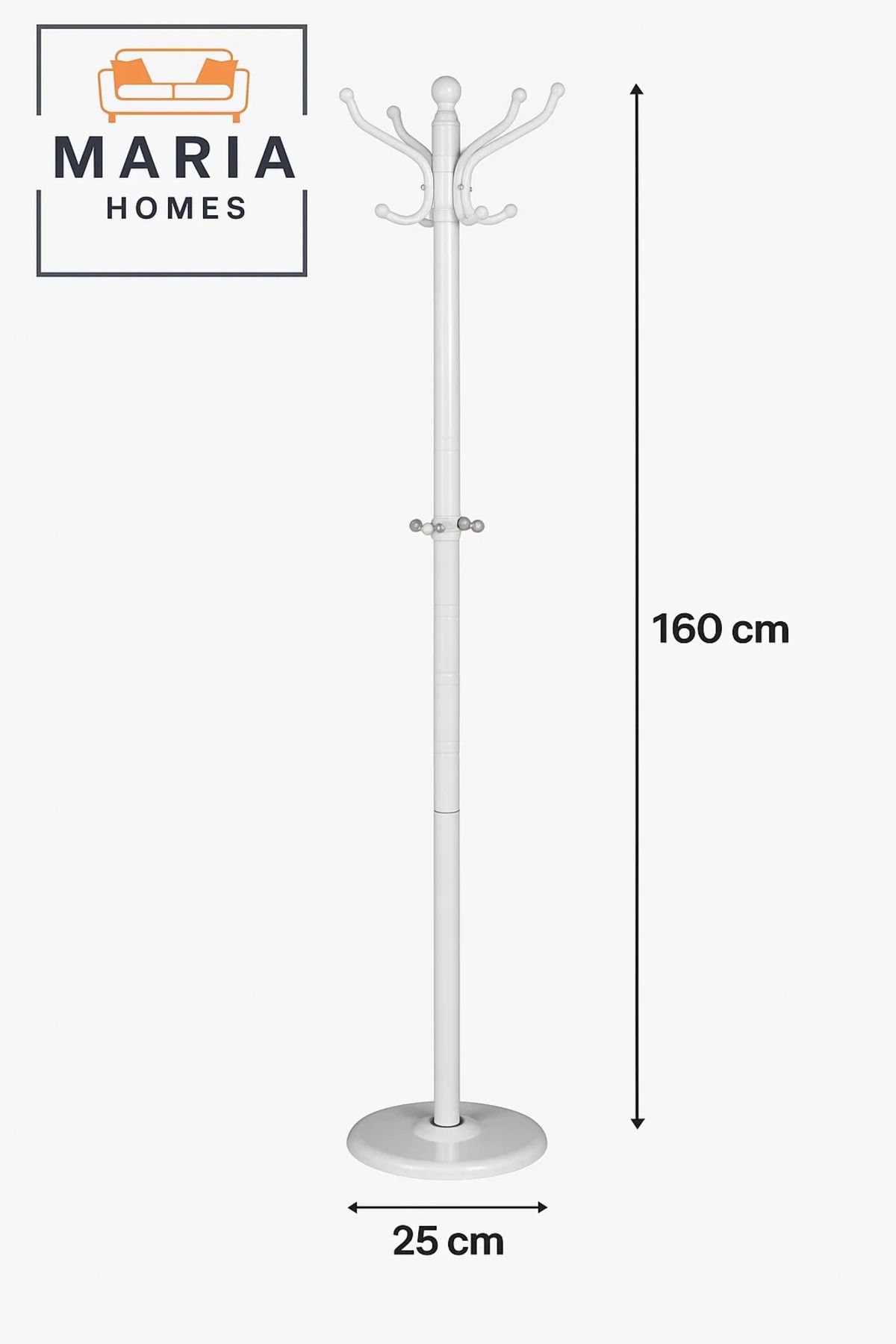 MARIA HOMES-White Standing Coat Rack with Rounded Hooks and Stable Circular Base 5