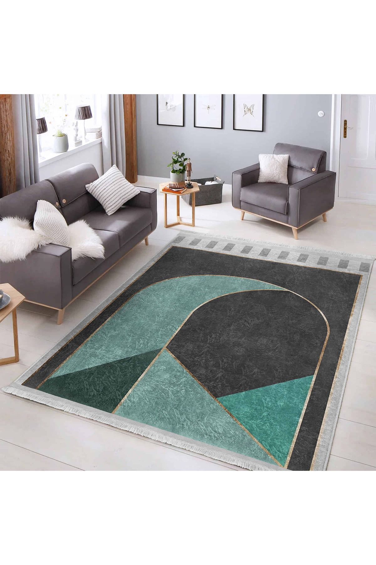 Realhomes Siyah – Yeşil Geometrik Desenli Modern Salon Halısı Yıkanabilir Kaymaz Taban Halı
