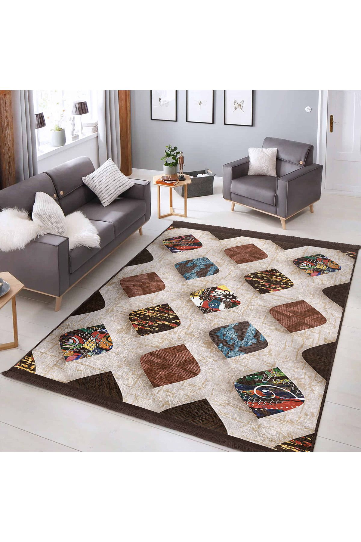 Realhomes Renkli Desenli Modern Geometrik Salon Halısı - Yıkanabilir Kaymaz Tabanlı Halı