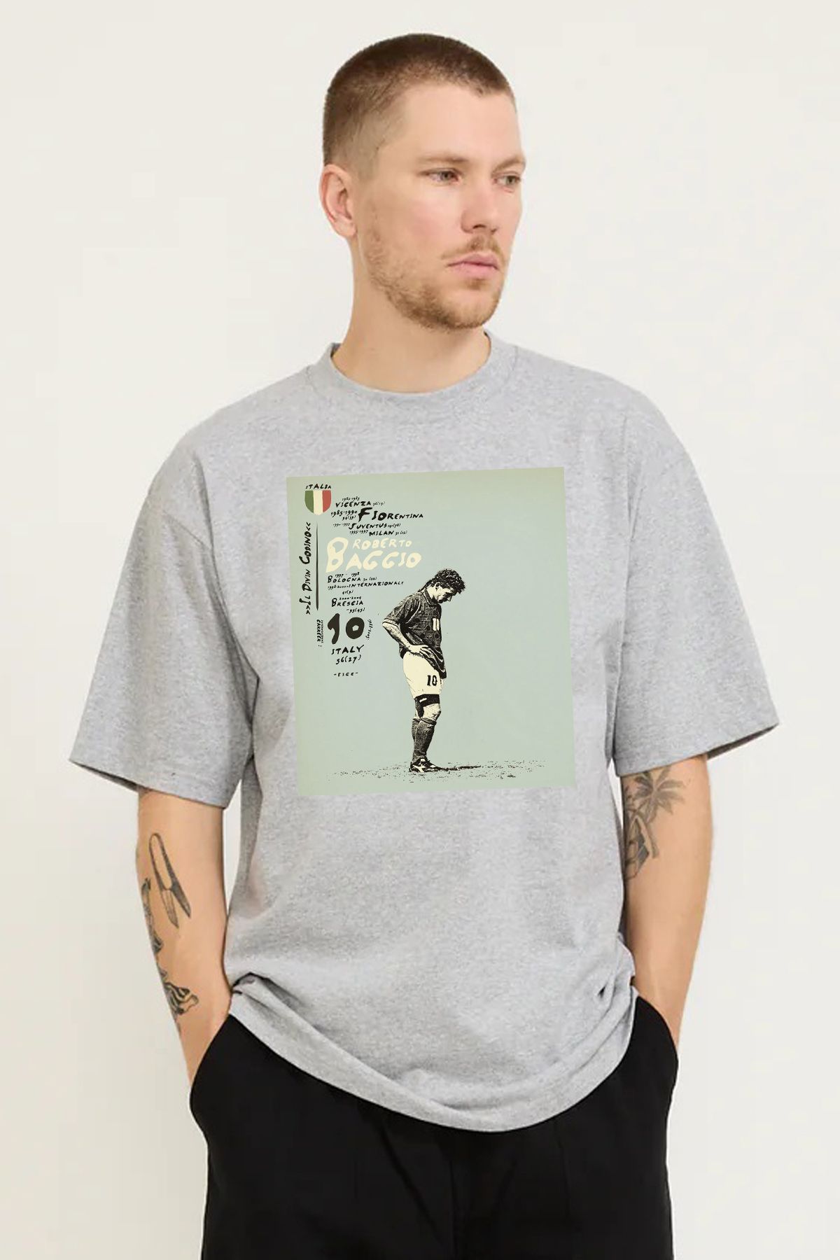 MODA Roberto Baggio Baskılı Oversize Kalıp Grimelanj Bol Geniş Kesim Erkek Tişört