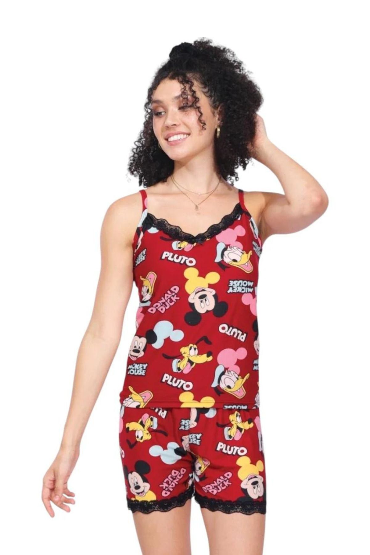 SYMPATHY Kadın Bordo Mickey Desenli Dantelli Yazlık Askılı Şortlu Pijama Takımı