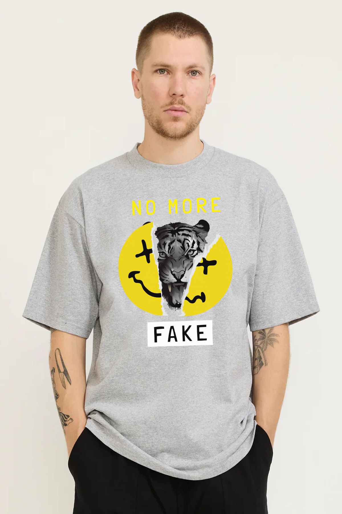 MODA Kaplan No More Fake Gülen Surat Emoji Baskılı Oversize Kalıp Grimelanj Bol Geniş Kesim Erkek Tişört