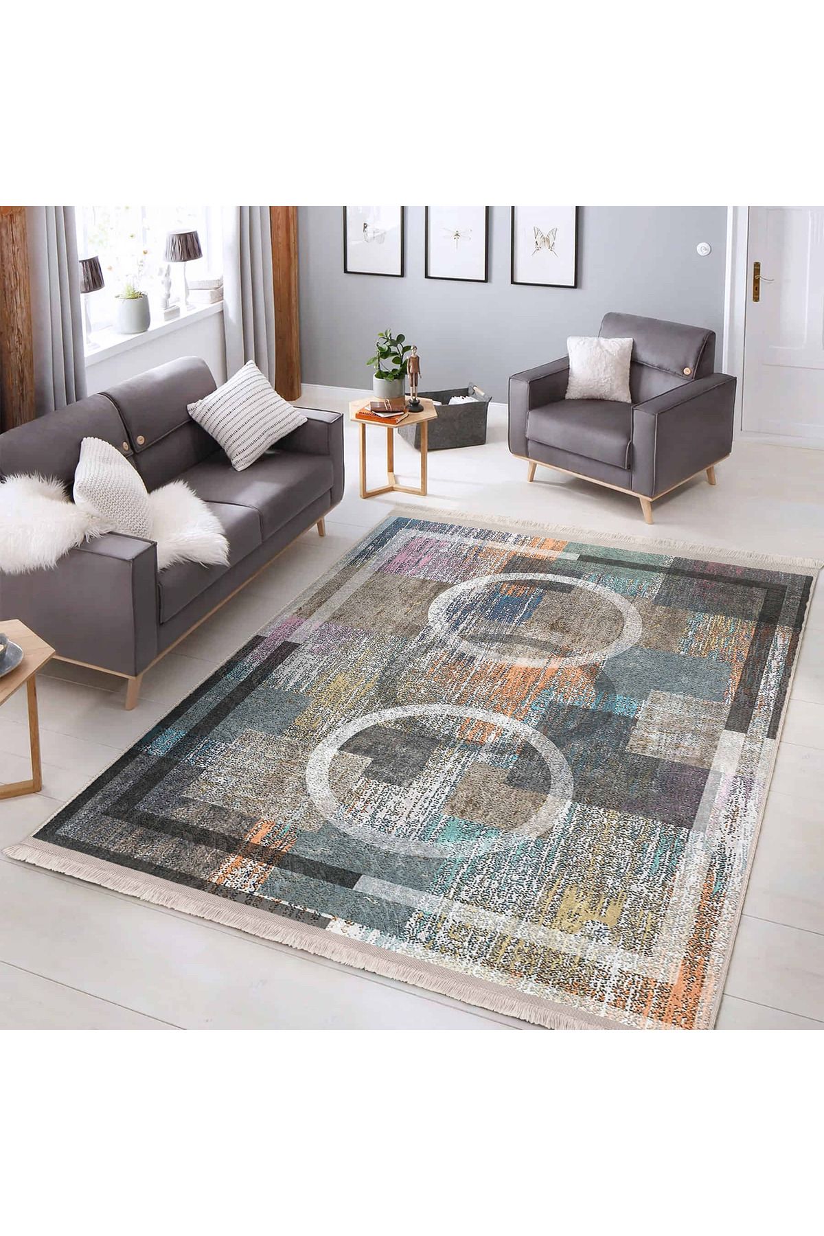 Realhomes Dijital Baskılı Modern Geometrik Desenli Kaymaz Tabanlı Yıkanabilir Salon Halısı